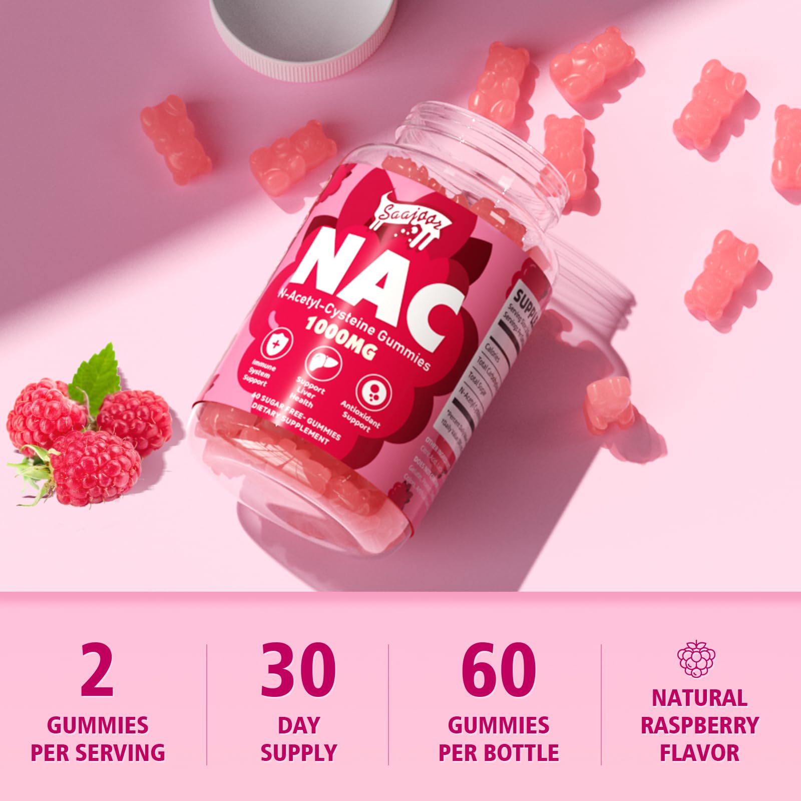 Saajoor NAC Gummies in a bowl with fresh raspberries