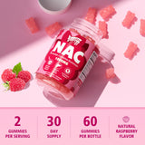 Saajoor NAC Gummies in a bowl with fresh raspberries