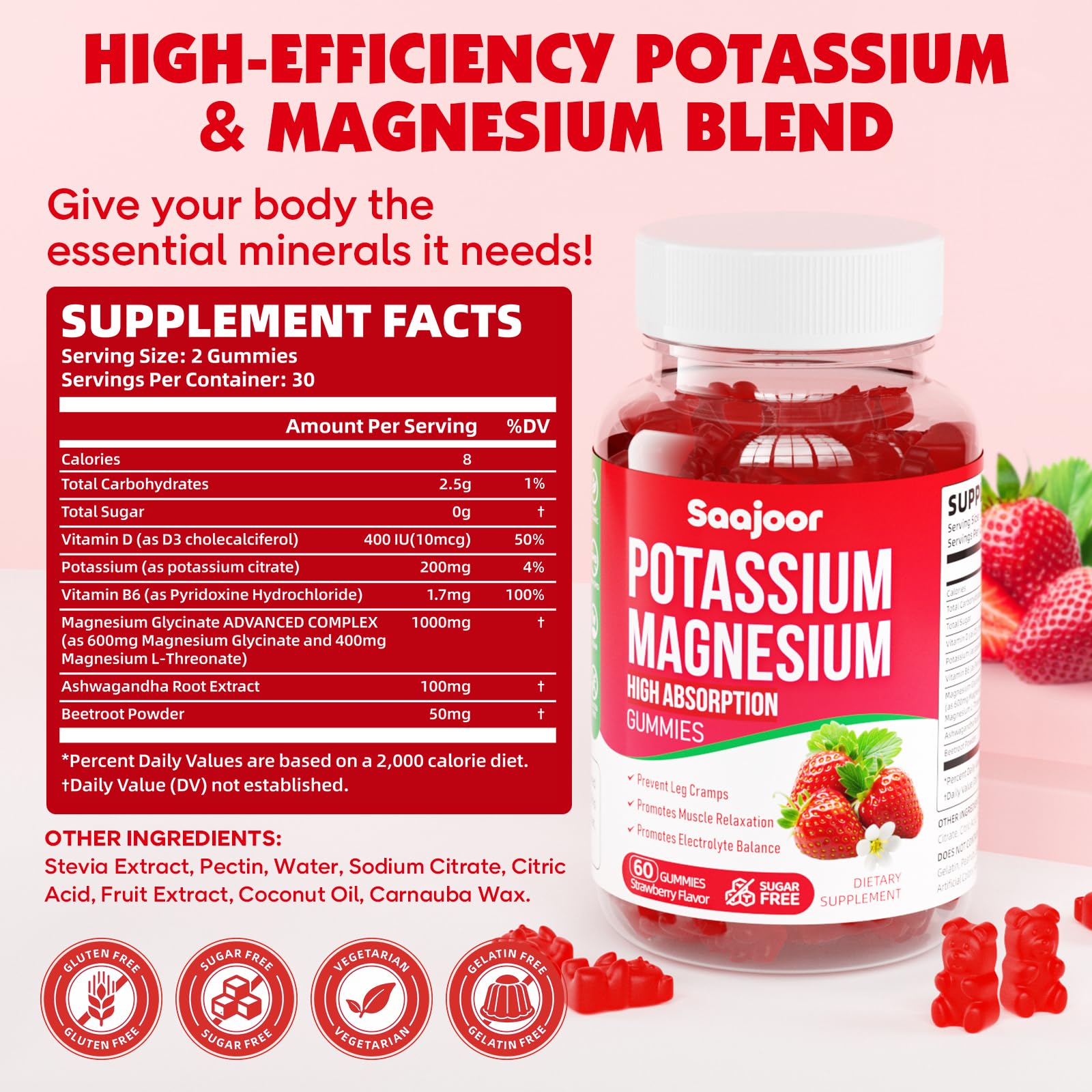 Saajoor Potassium Magnesium Gummies showing two gummies