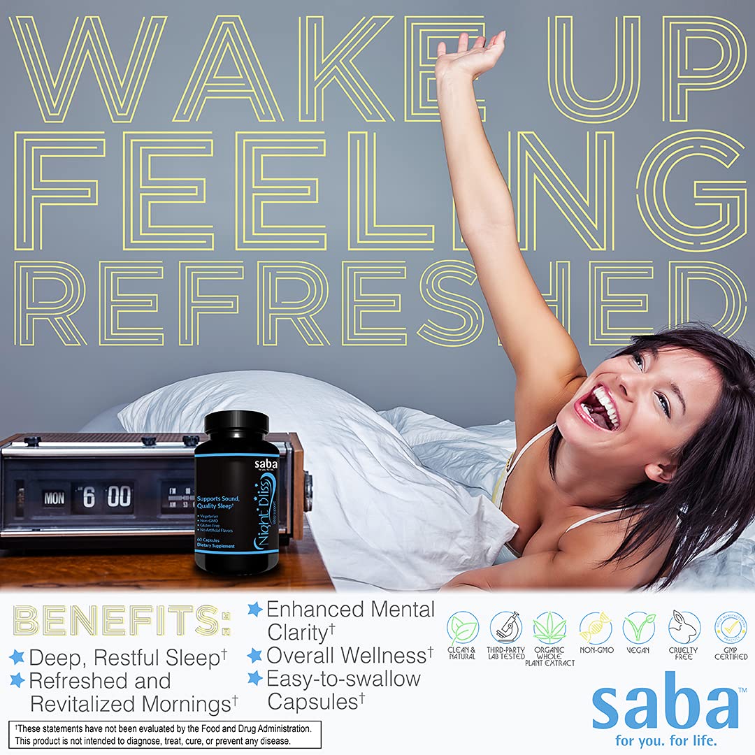 Saba Night Bliss Natural Sleep Aid capsules close-up