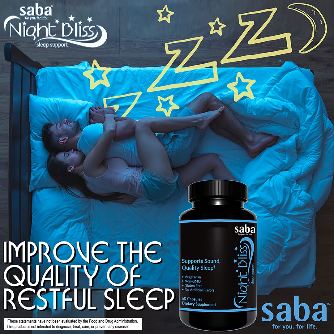 Saba Night Bliss Natural Sleep Aid capsules on a table