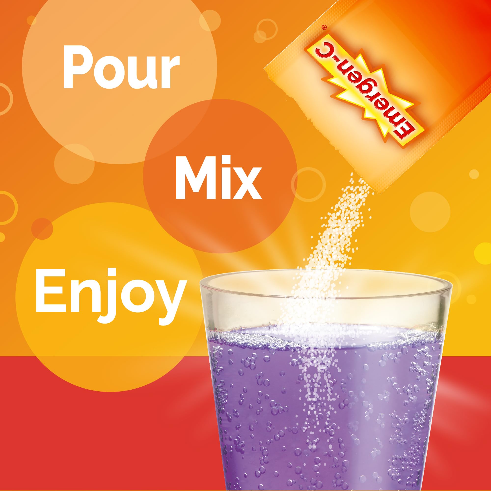 Sachet of Emergen-C Elderberry drink mix in a glass of water