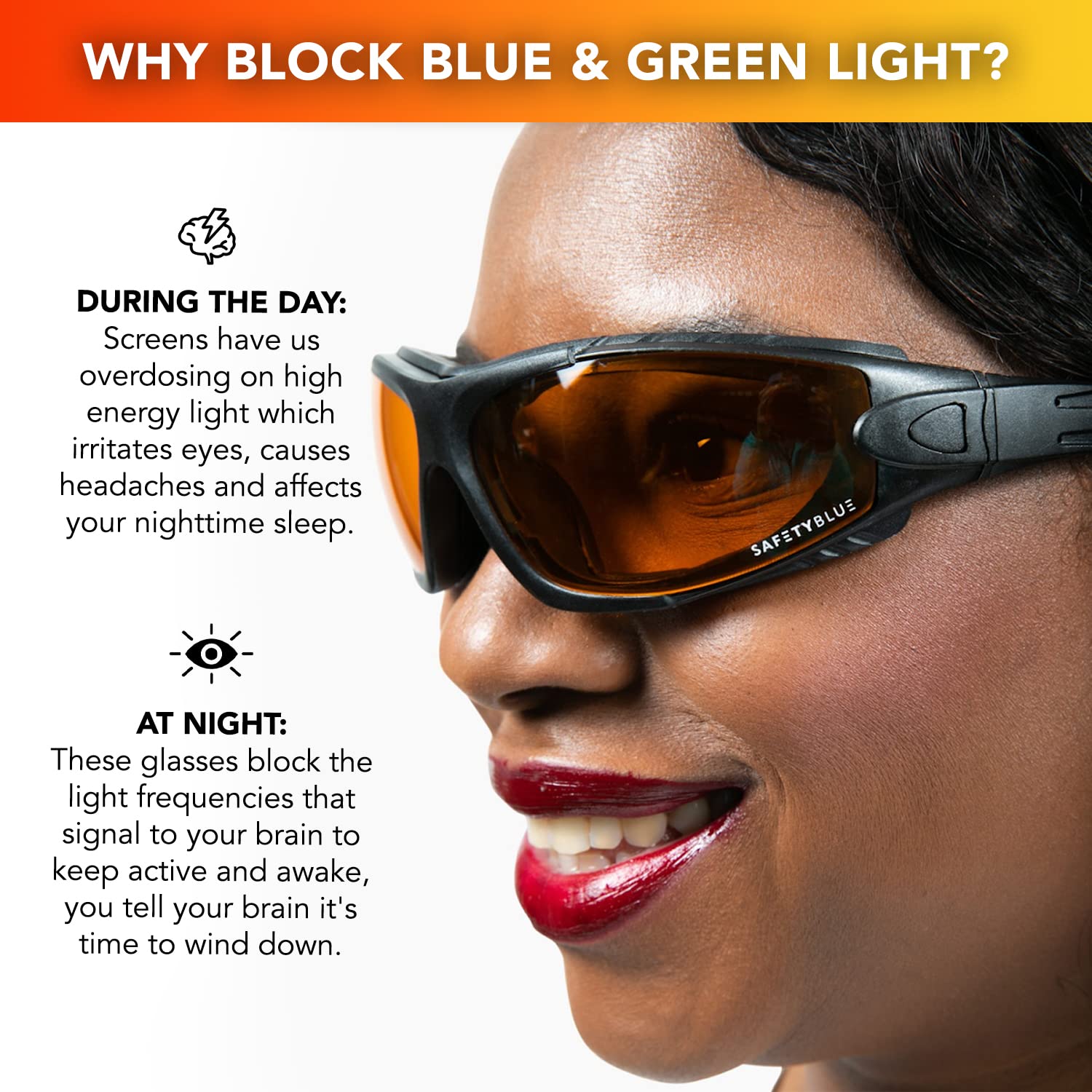 SafetyBlue Deluxe Blackout Sleep Glasses amber lens side view