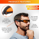 SafetyBlue Deluxe Blackout Sleep Glasses on a bedside table