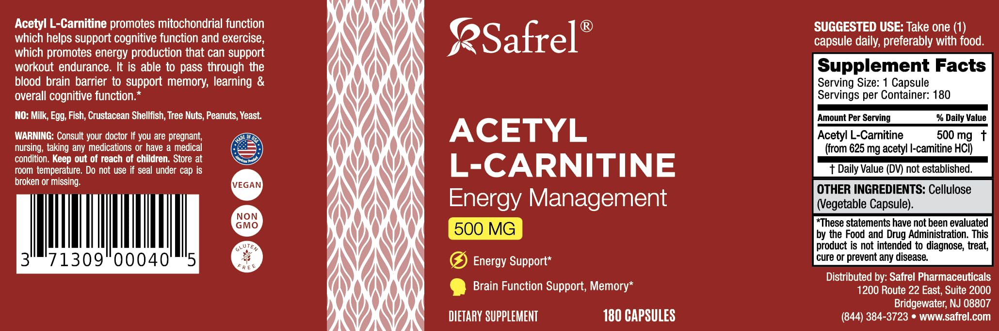 Safrel Acetyl L-Carnitine bottle with a clean label design