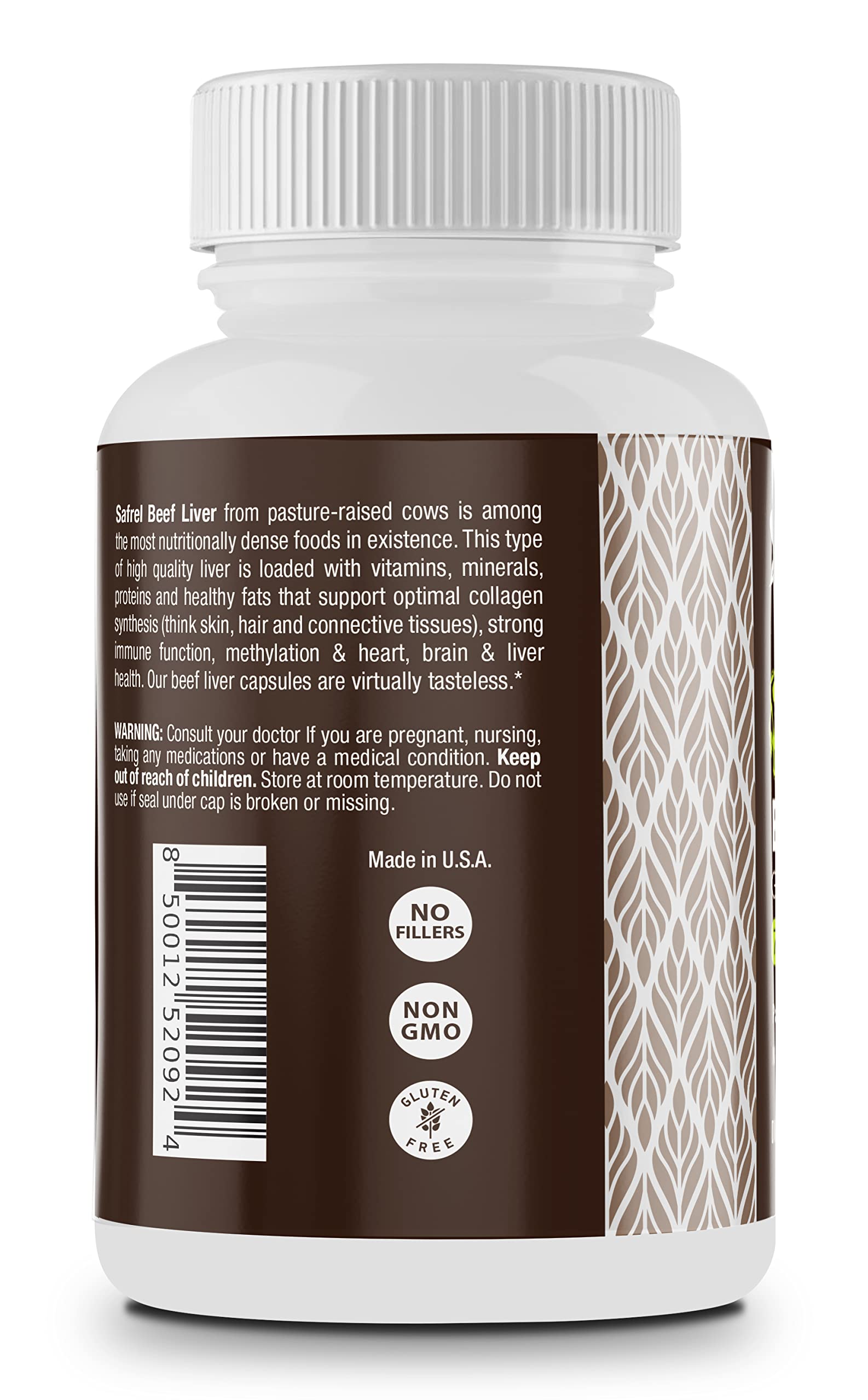 Safrel Beef Liver Capsules side view showing capsule details