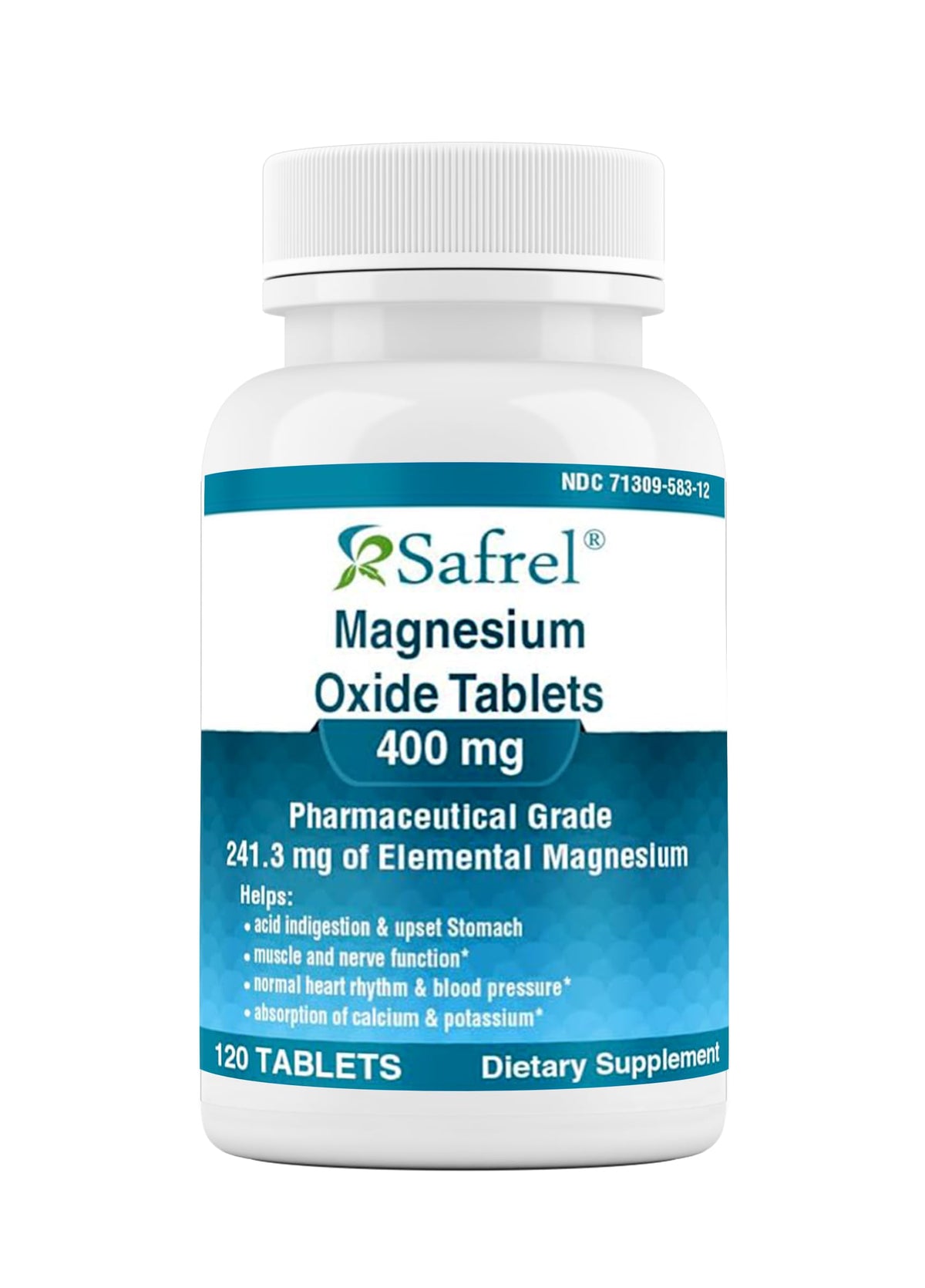 Safrel Magnesium Tablets 400mg front view of bottle