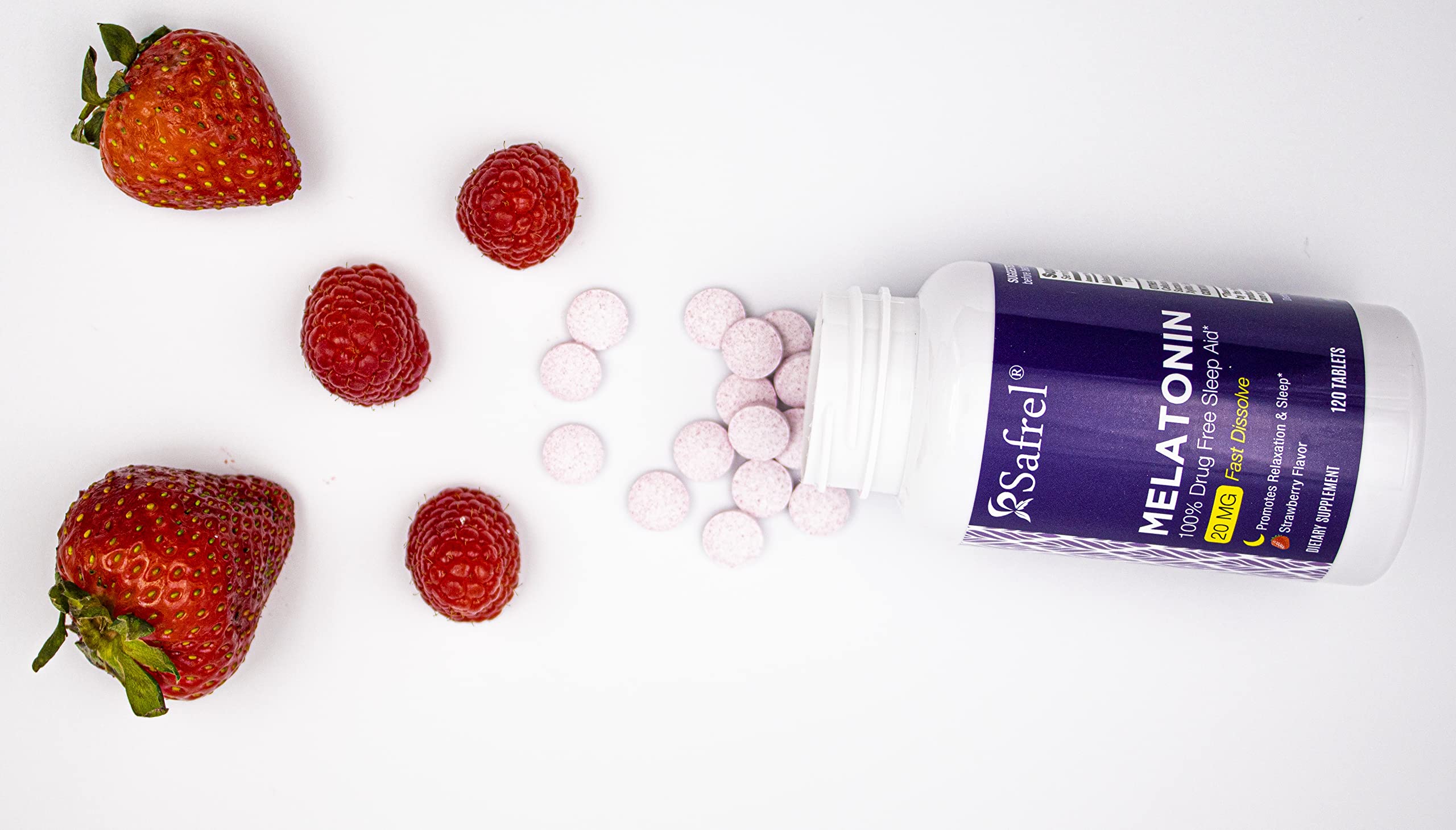 Safrel Melatonin Sleep Supplements on a wooden table