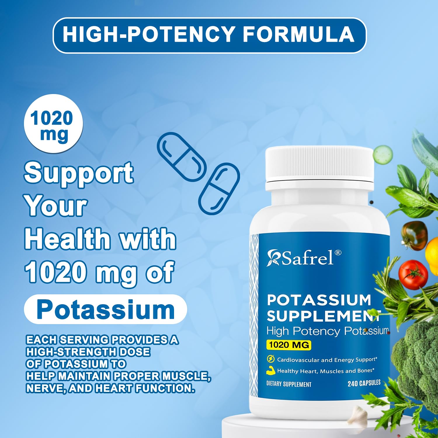 Safrel Potassium Supplement capsules spilled out