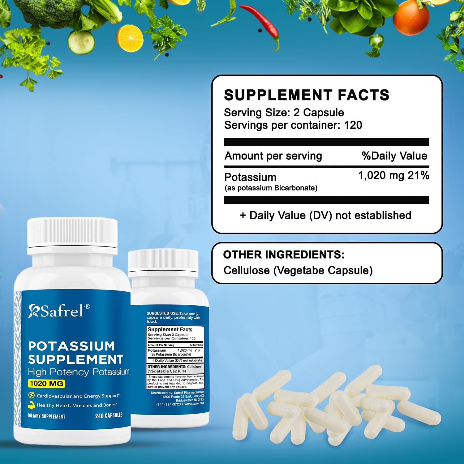 Safrel Potassium Supplement packaging dimensions