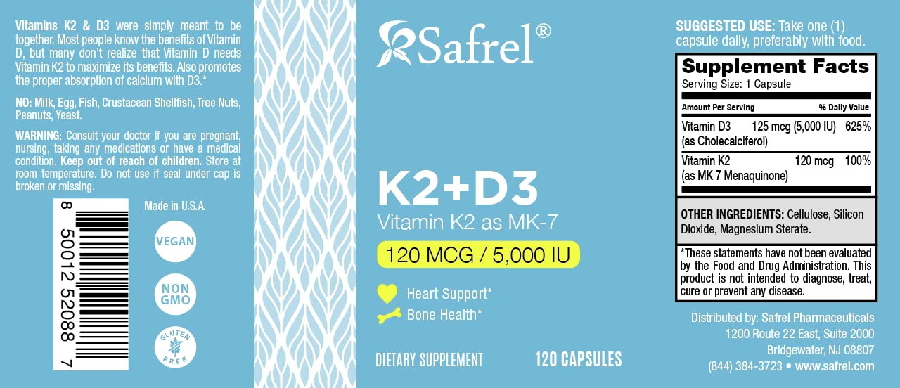 Safrel Vitamin D3 & K2 capsules with a measuring spoon