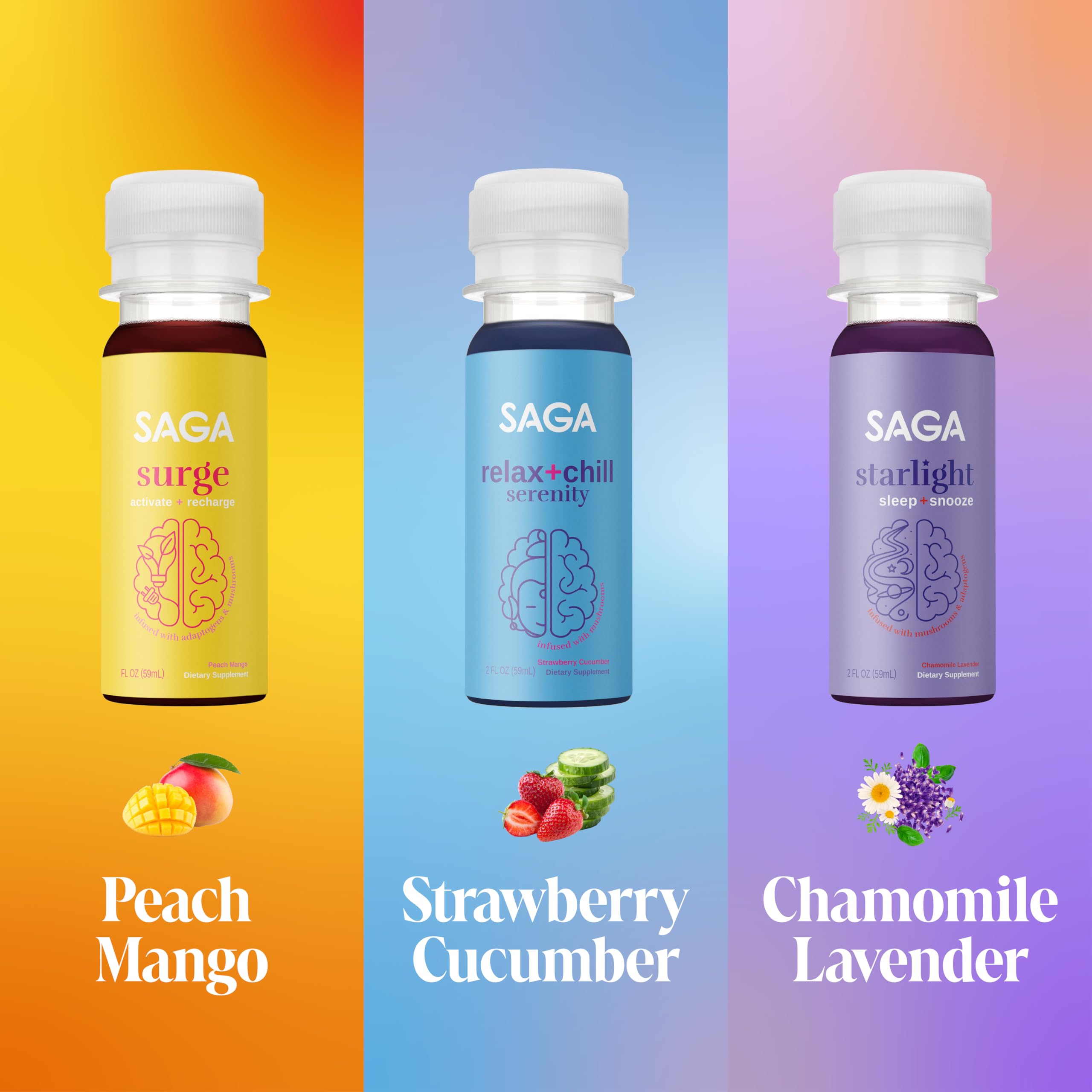 SAGA Functional Shot Variety Pack displayed with ingredients