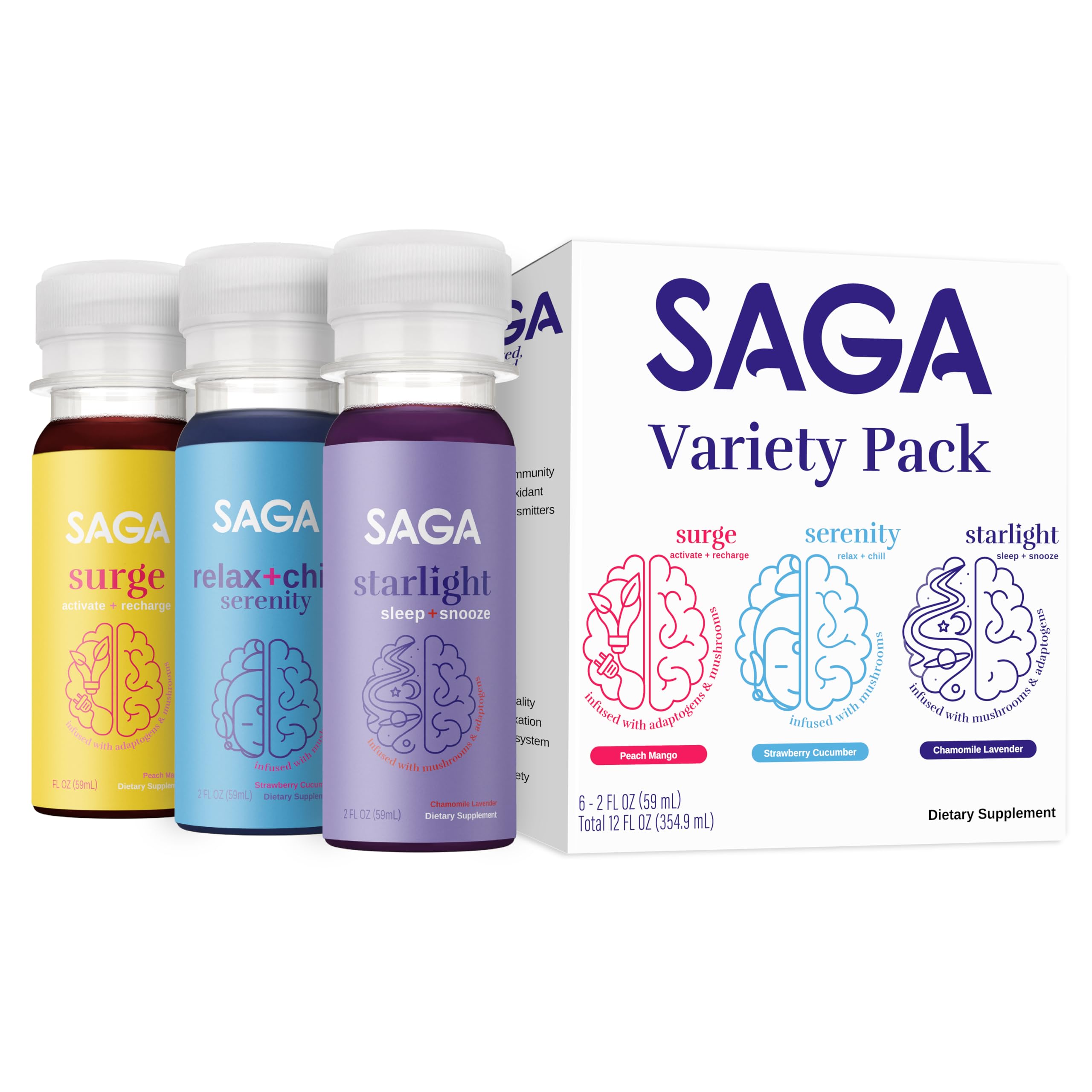 SAGA Functional Shot Variety Pack front view with six 2oz shots