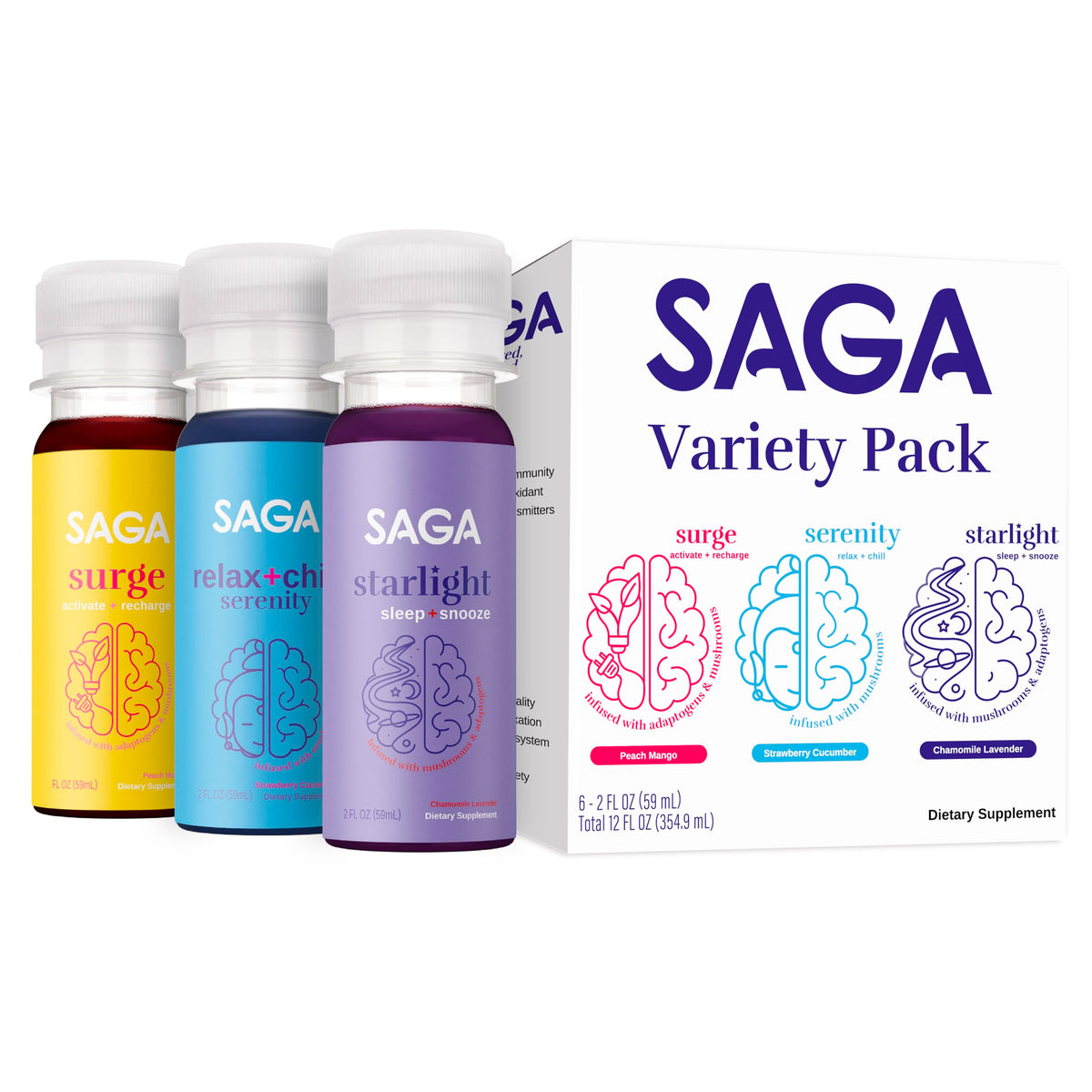 SAGA Functional Shot Variety Pack front view with six 2oz shots