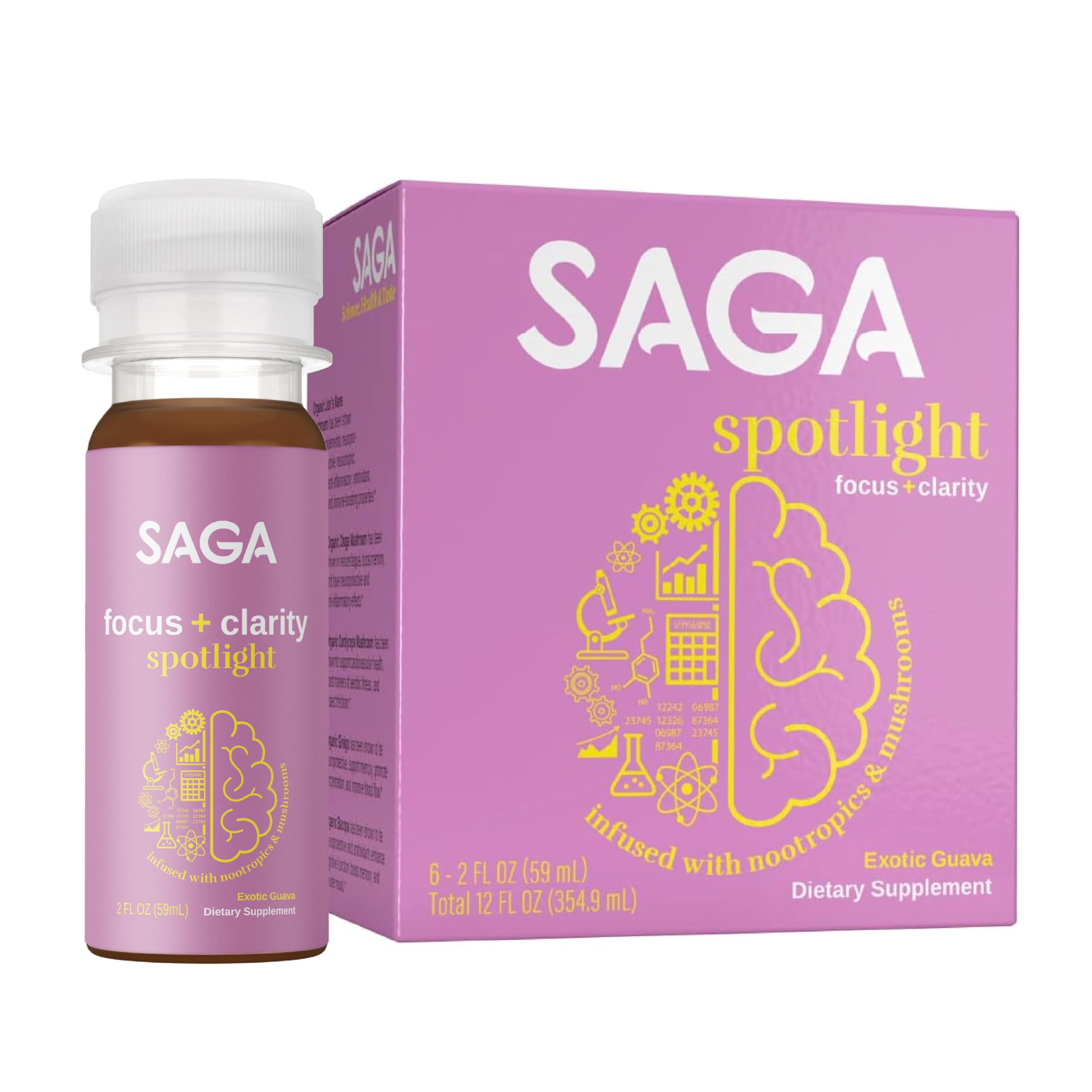 SAGA Mushroom Focus Supplement front view with guava flavour