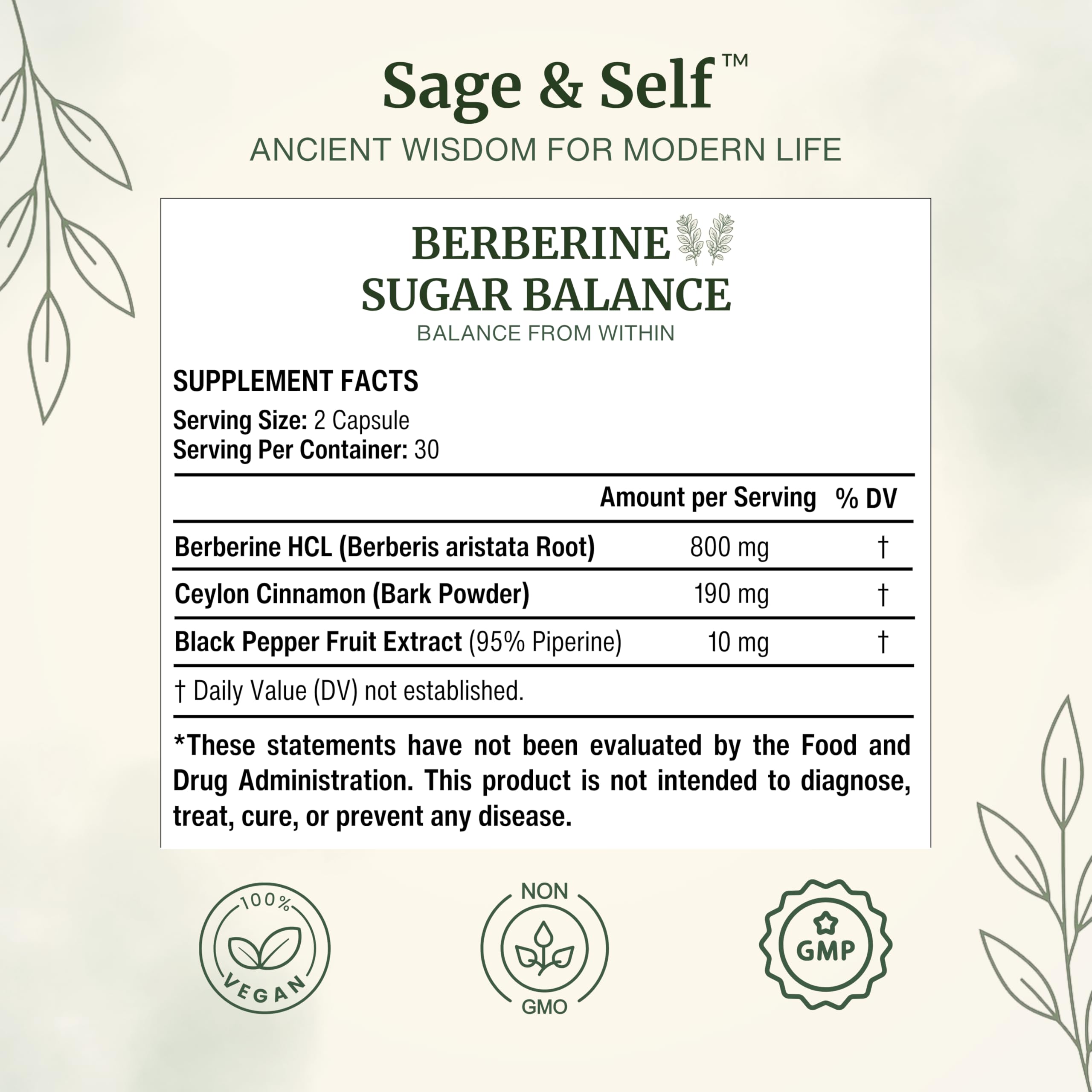 Sage & Self Berberine HCL supplement top view with capsule