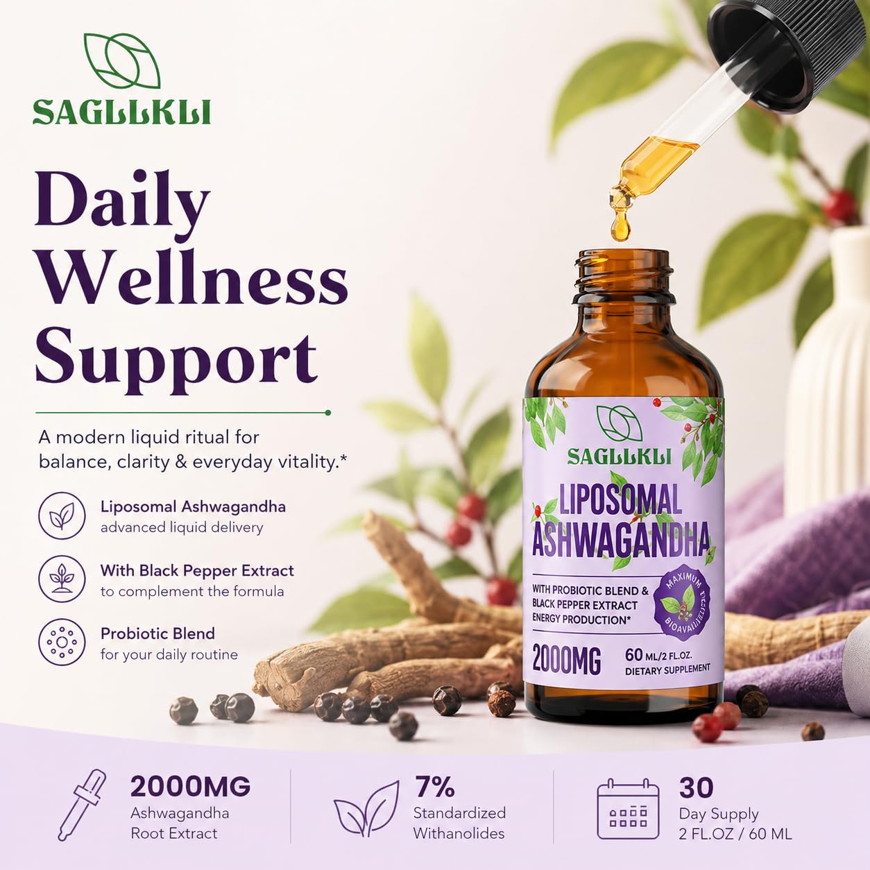 Sagllkli Ashwagandha Liquid Drops 60ml bottle with dropper