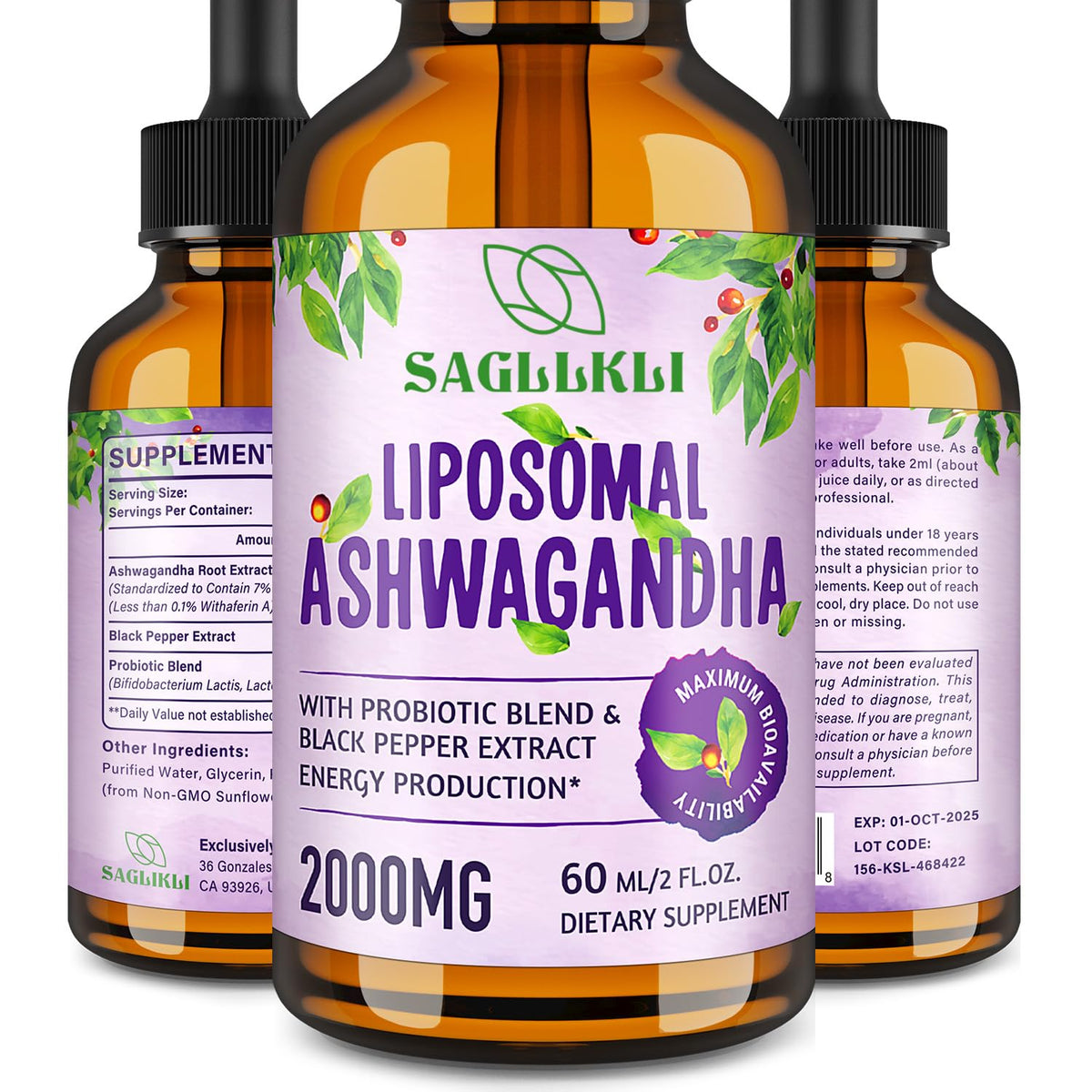 Sagllkli Liposomal Ashwagandha Liquid Drops 60ml front view