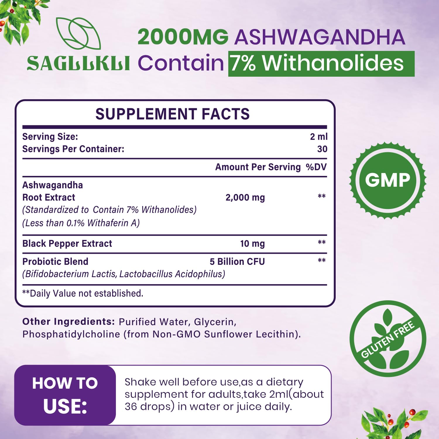 Sagllkli Liposomal Ashwagandha Liquid Drops 60ml packaging details
