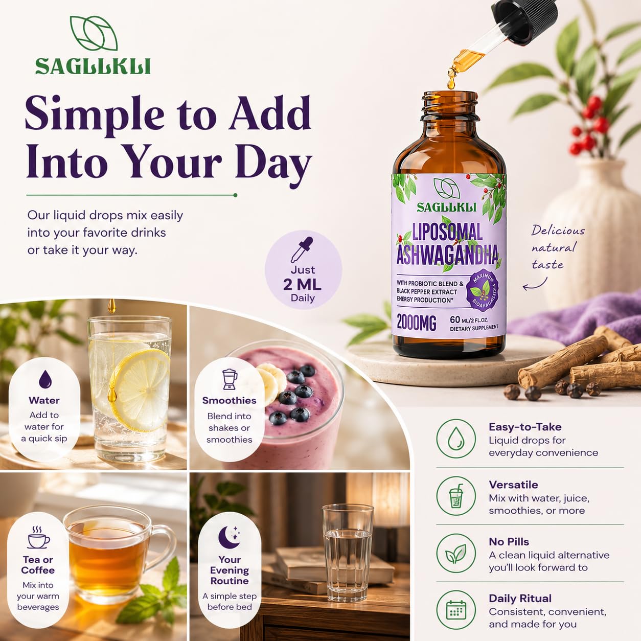 Sagllkli Liposomal Ashwagandha Liquid Drops 60ml with dosage instructions