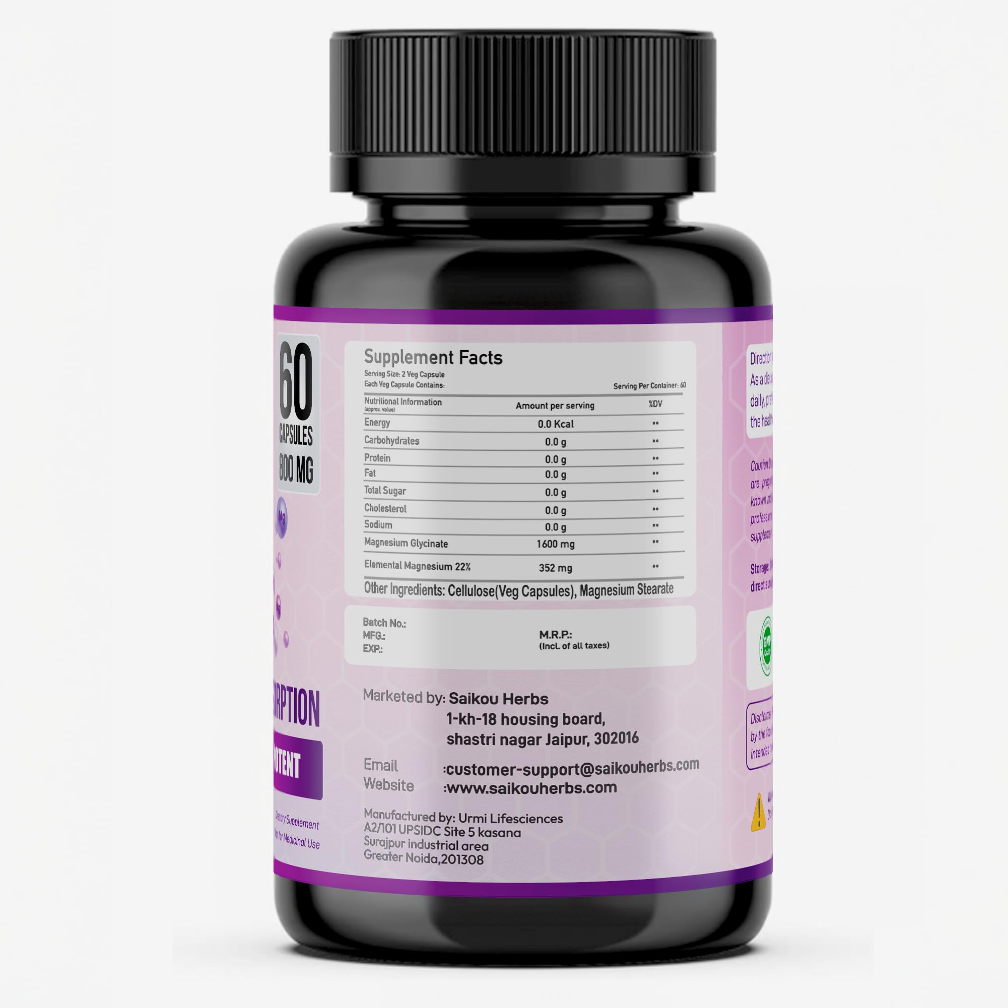 SAIKOU HERBS Magnesium Glycinate 800mg capsules with measuring spoon