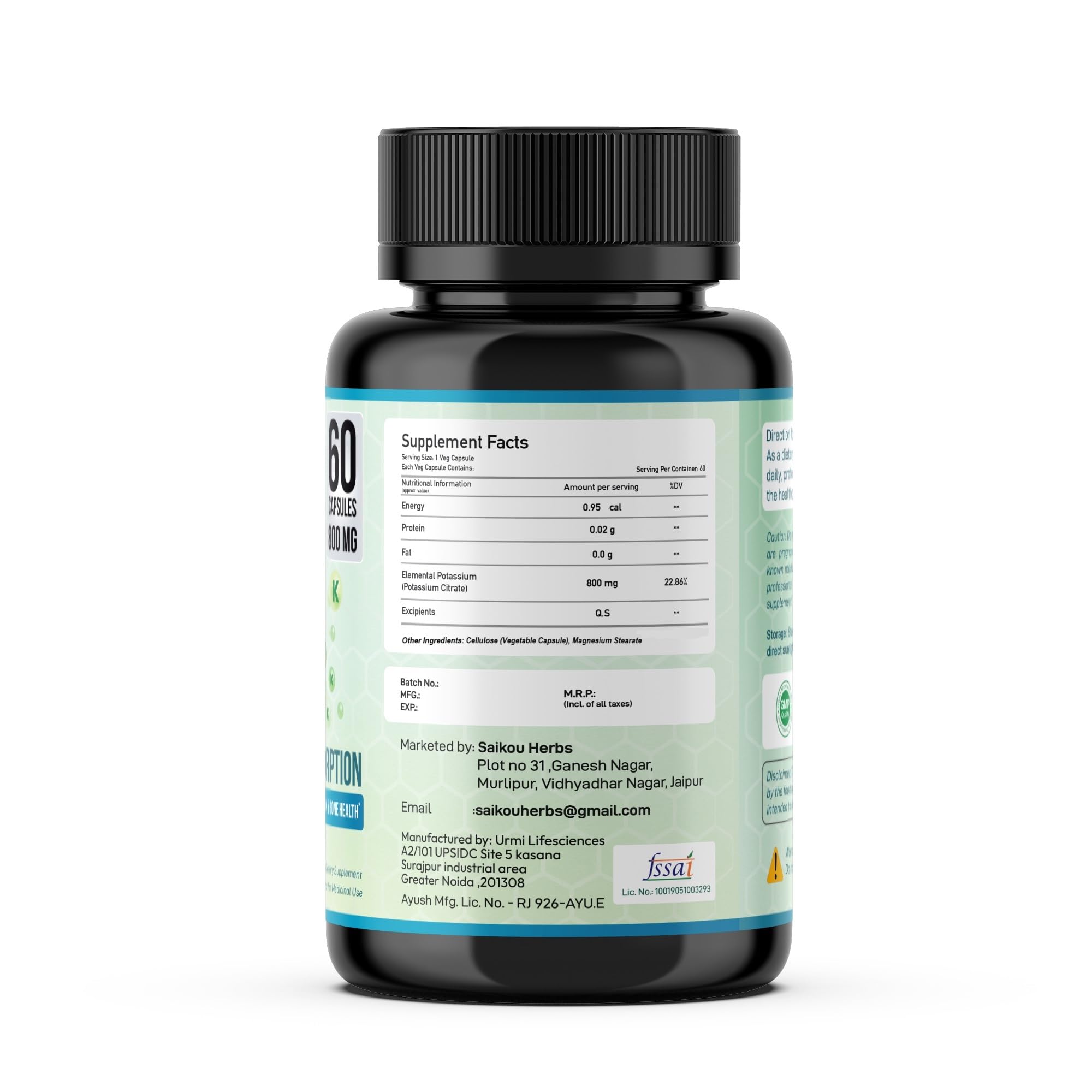 SAIKOU HERBS Potassium Citrate 800mg capsules with measuring scoop