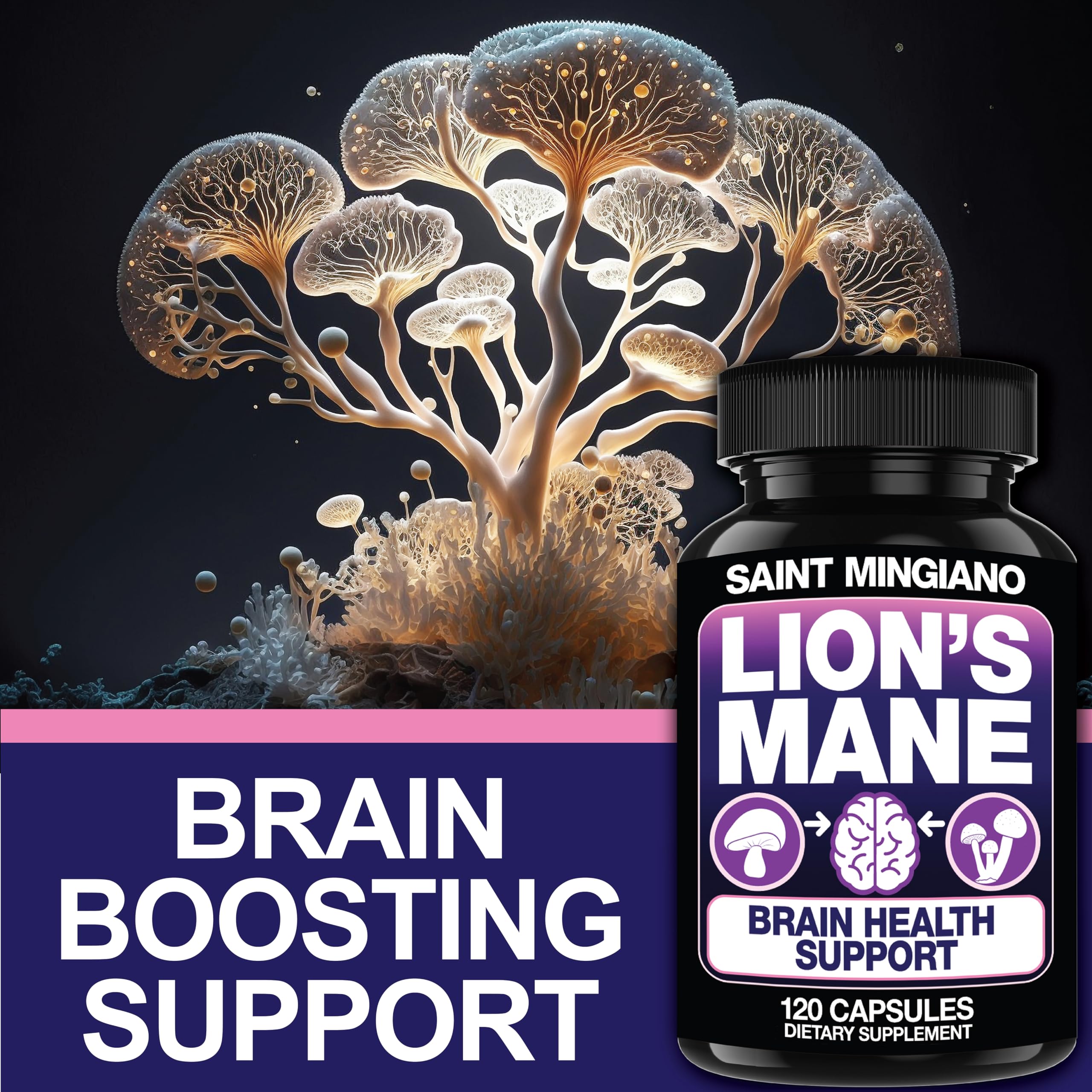 Saint Mingiano Lion's Mane Mushroom Supplement bottle side view