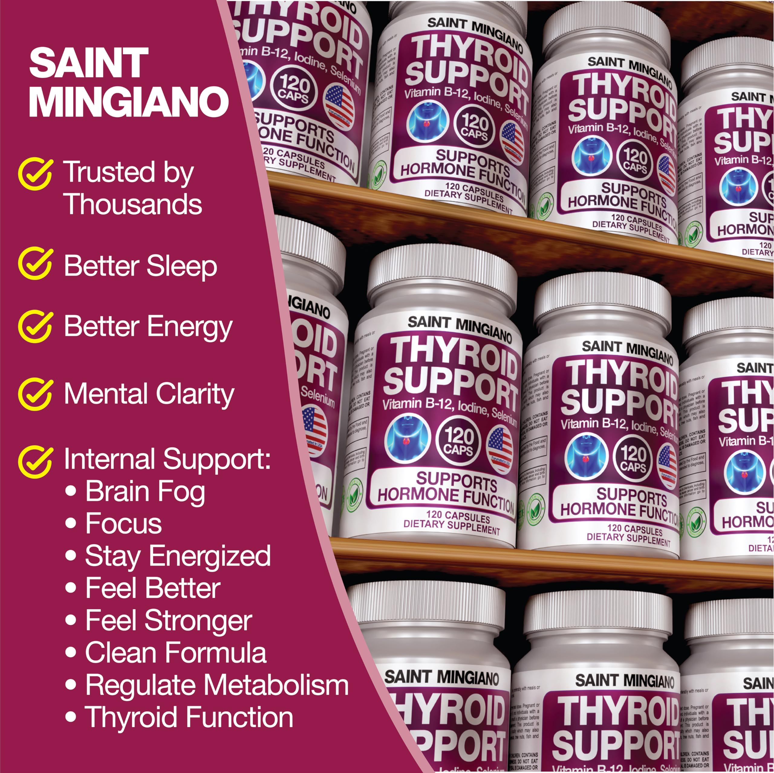 Saint Mingiano Thyroid Support Supplement capsules on a wooden table