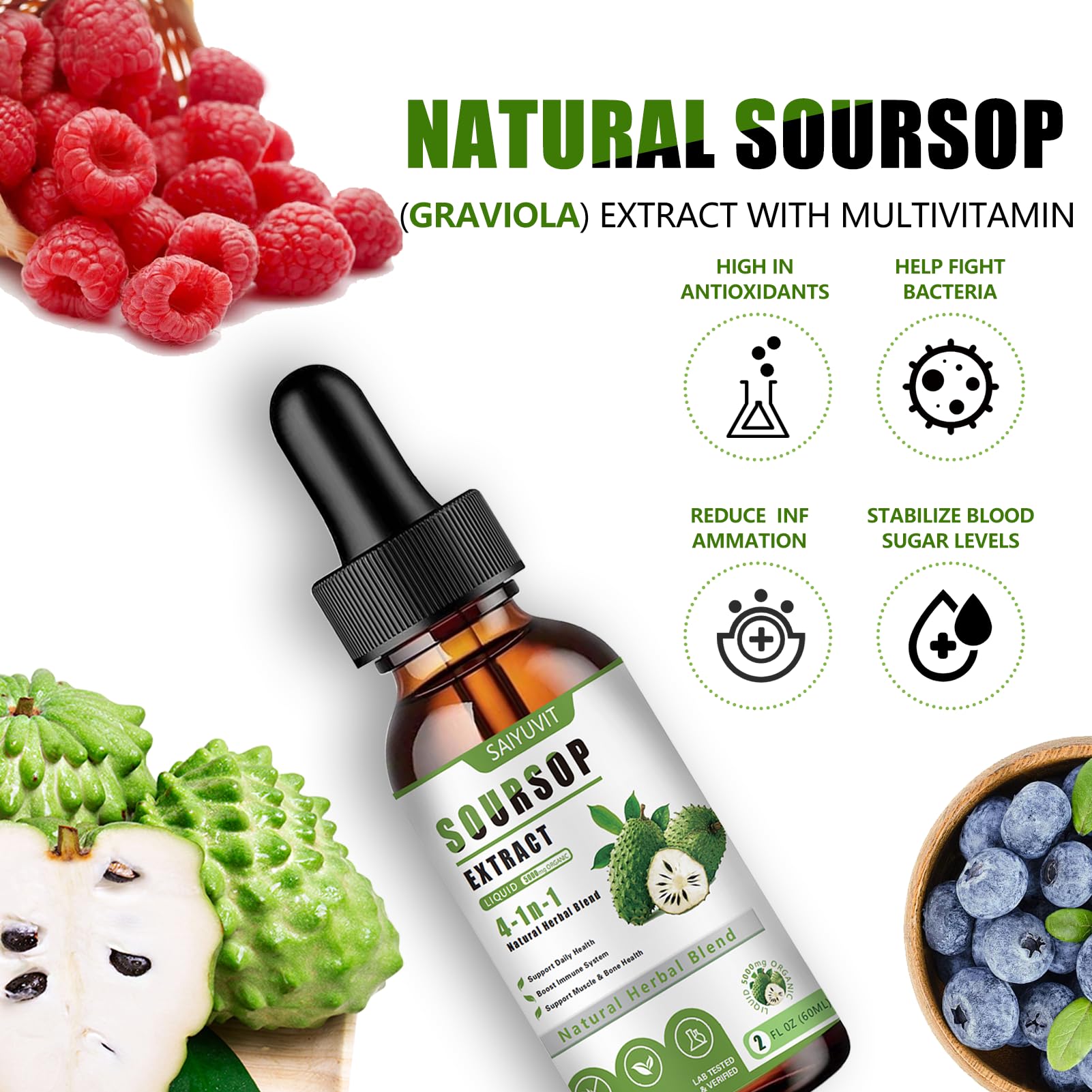 SAIYUVIT Soursop Bitters Liquid Drops 5000mg dropper close-up