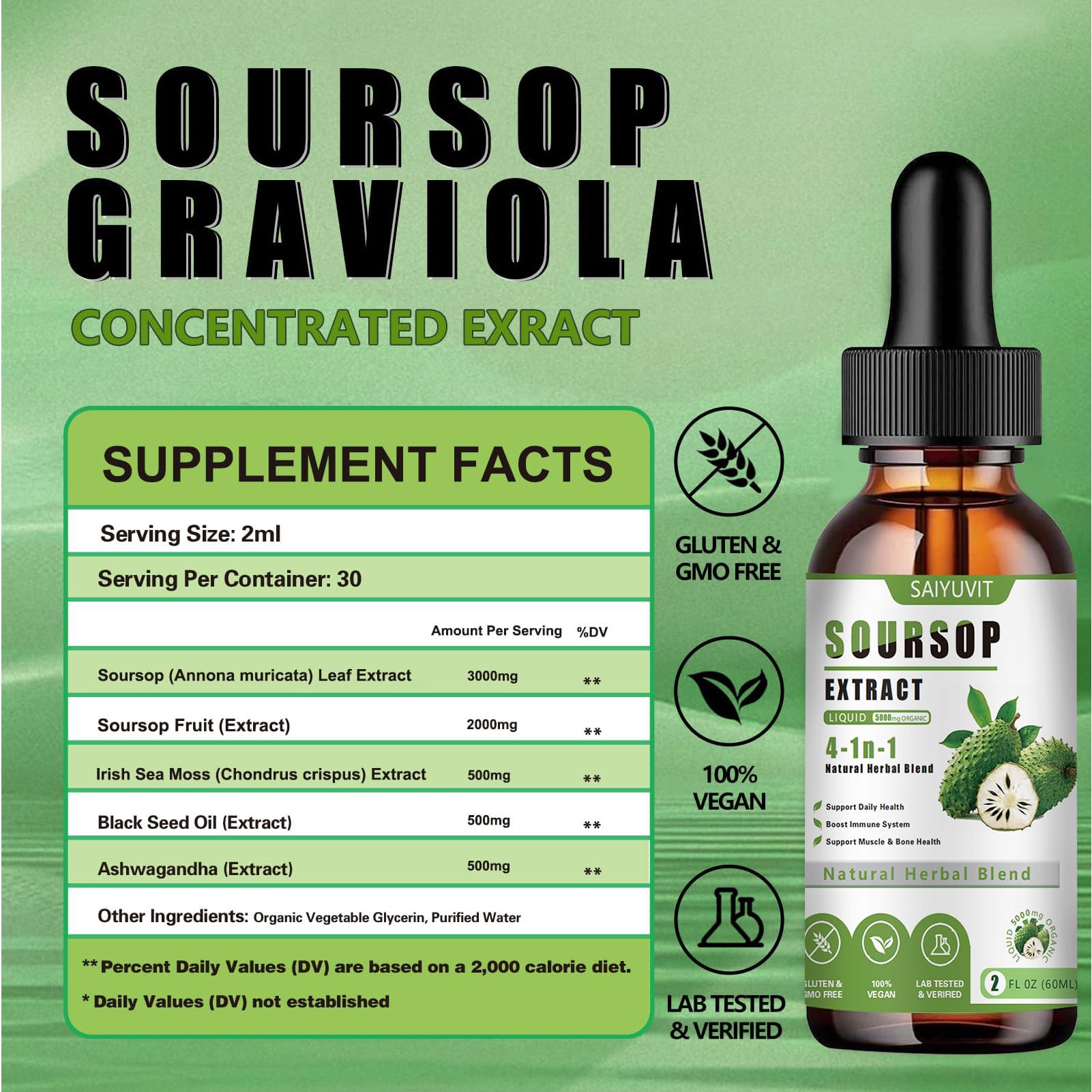 SAIYUVIT Soursop Bitters Liquid Drops 5000mg ingredients list