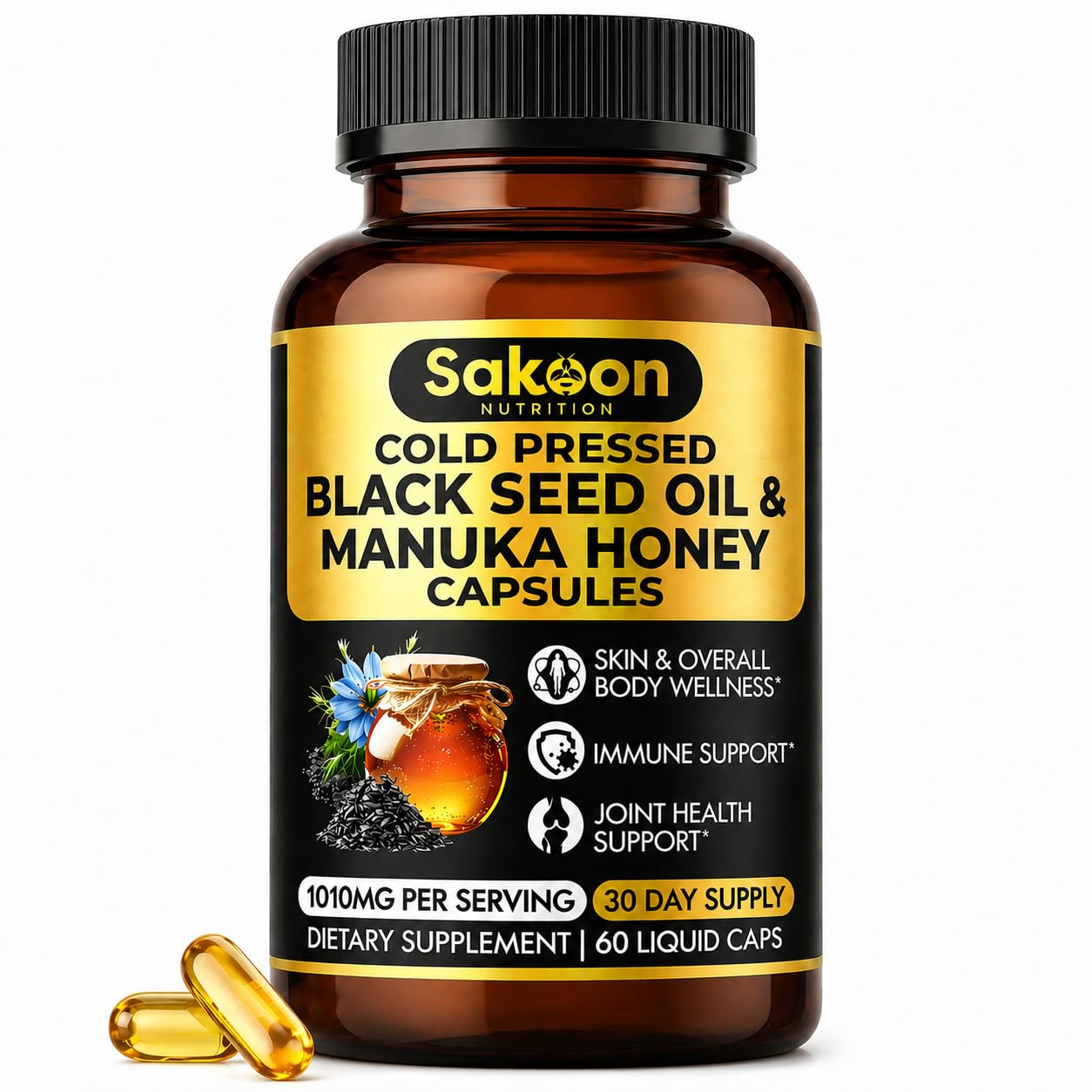 Sakoon Nutrition Black Seed Oil capsules front view