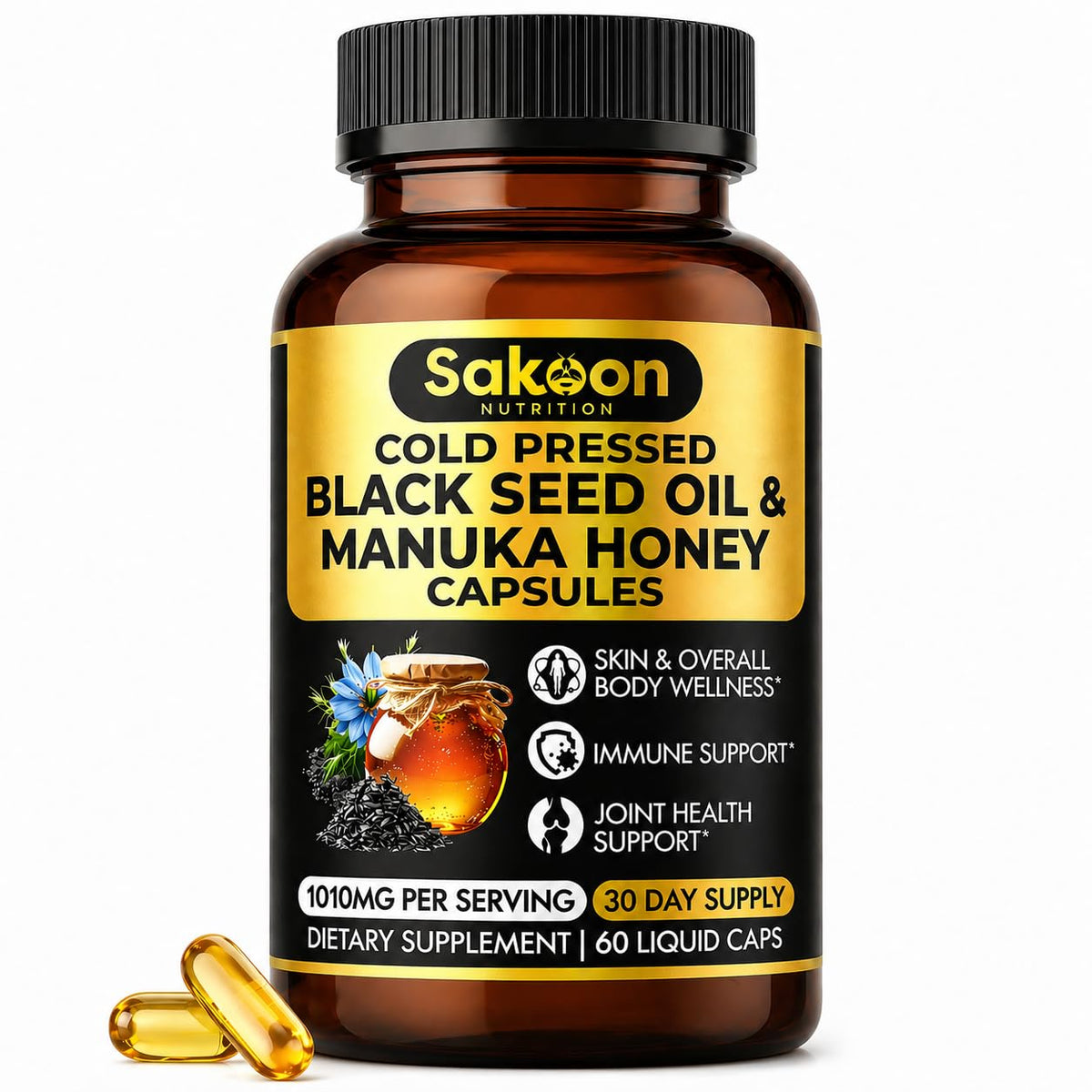 Sakoon Nutrition Black Seed Oil capsules front view