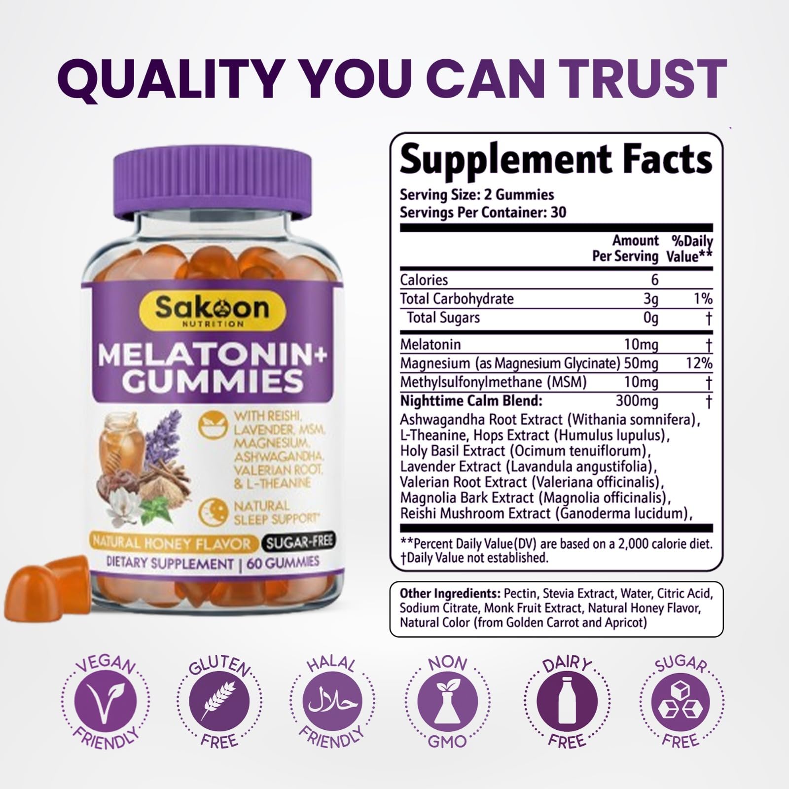 Sakoon Nutrition Melatonin Gummies 10mg displayed on a wooden table