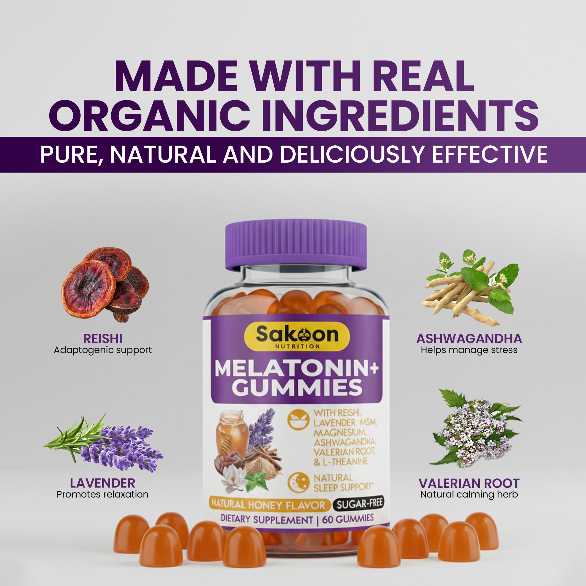 Sakoon Nutrition Melatonin Gummies 10mg side view with dosage details