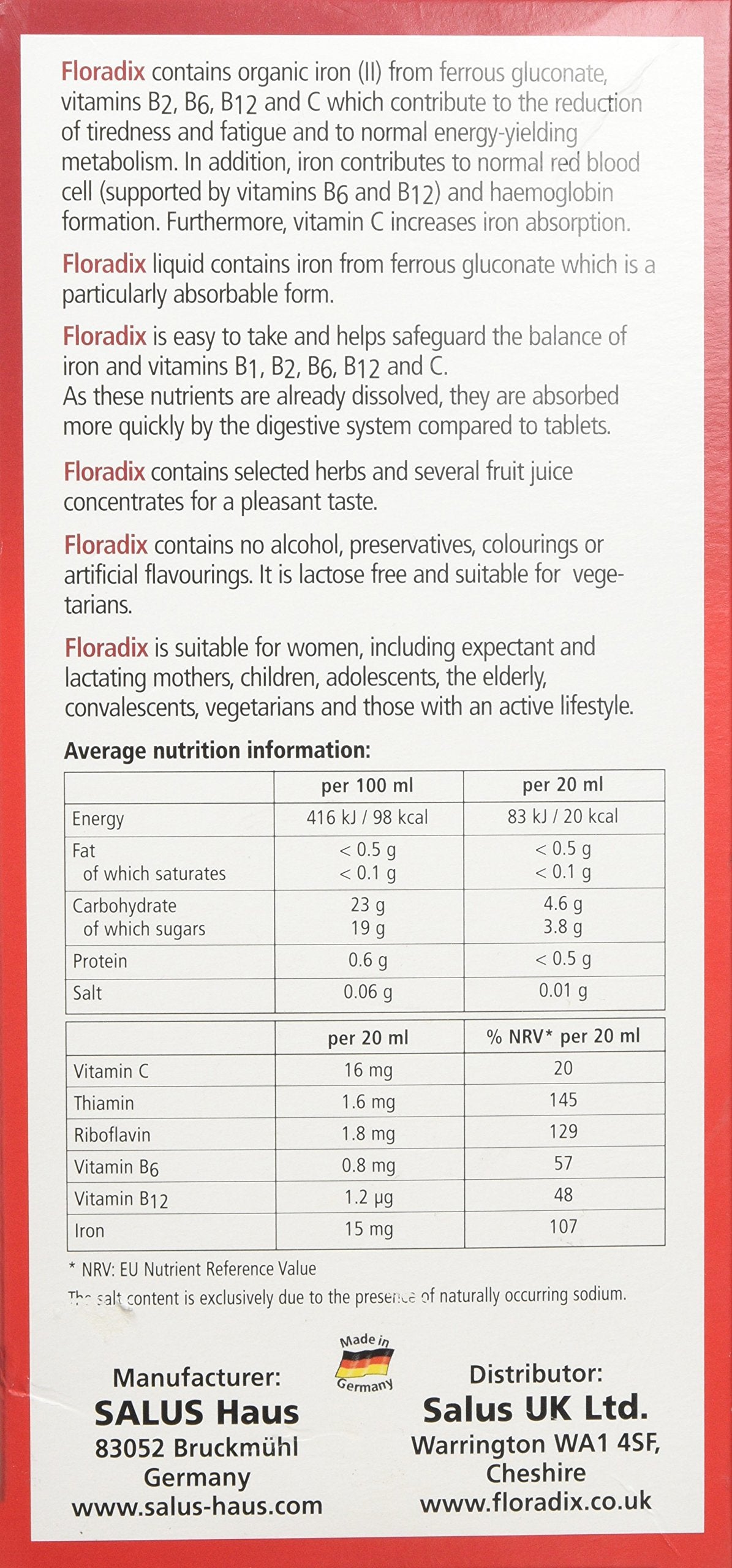 SALUS Floradix Liquid Iron Supplement 500ml bottle with label