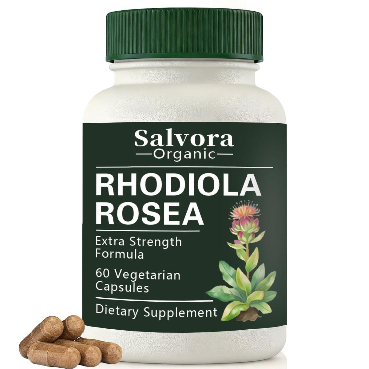 Salvora Organic Rhodiola Rosea Capsules 500mg front view