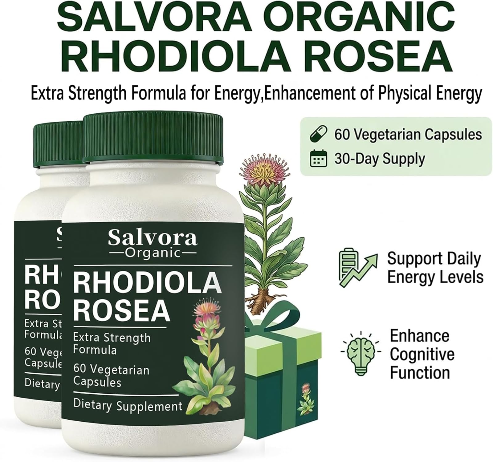Salvora Organic Rhodiola Rosea Capsules 500mg side view