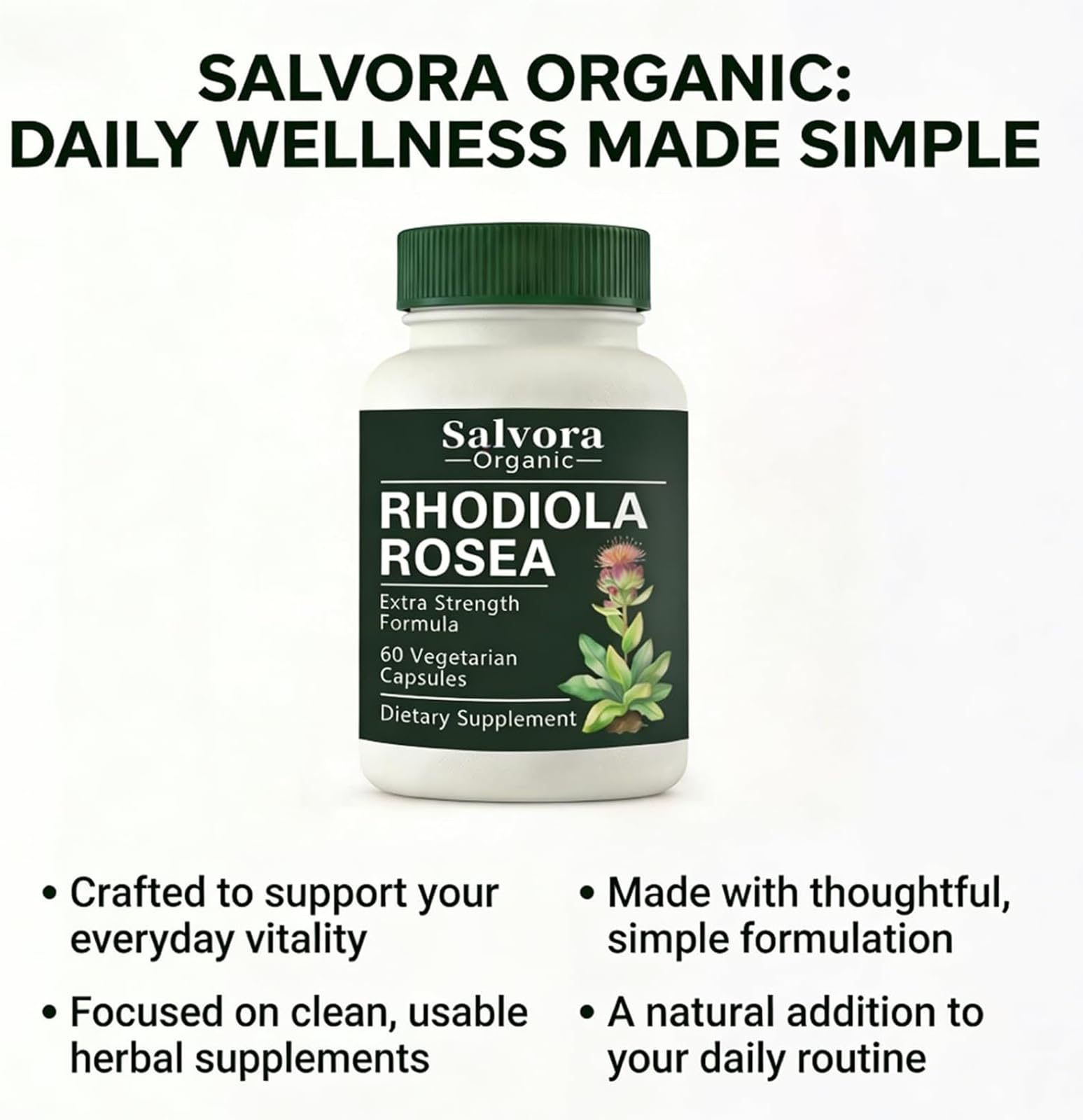 Salvora Organic Rhodiola Rosea Capsules 500mg with measuring spoon