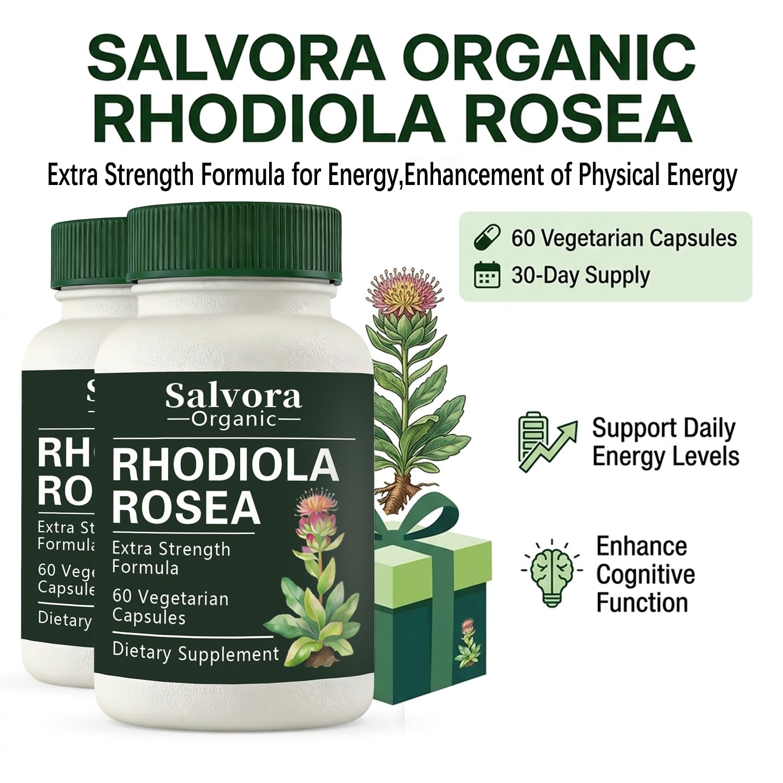 Salvora Organic Rhodiola Rosea Supplement capsules close-up