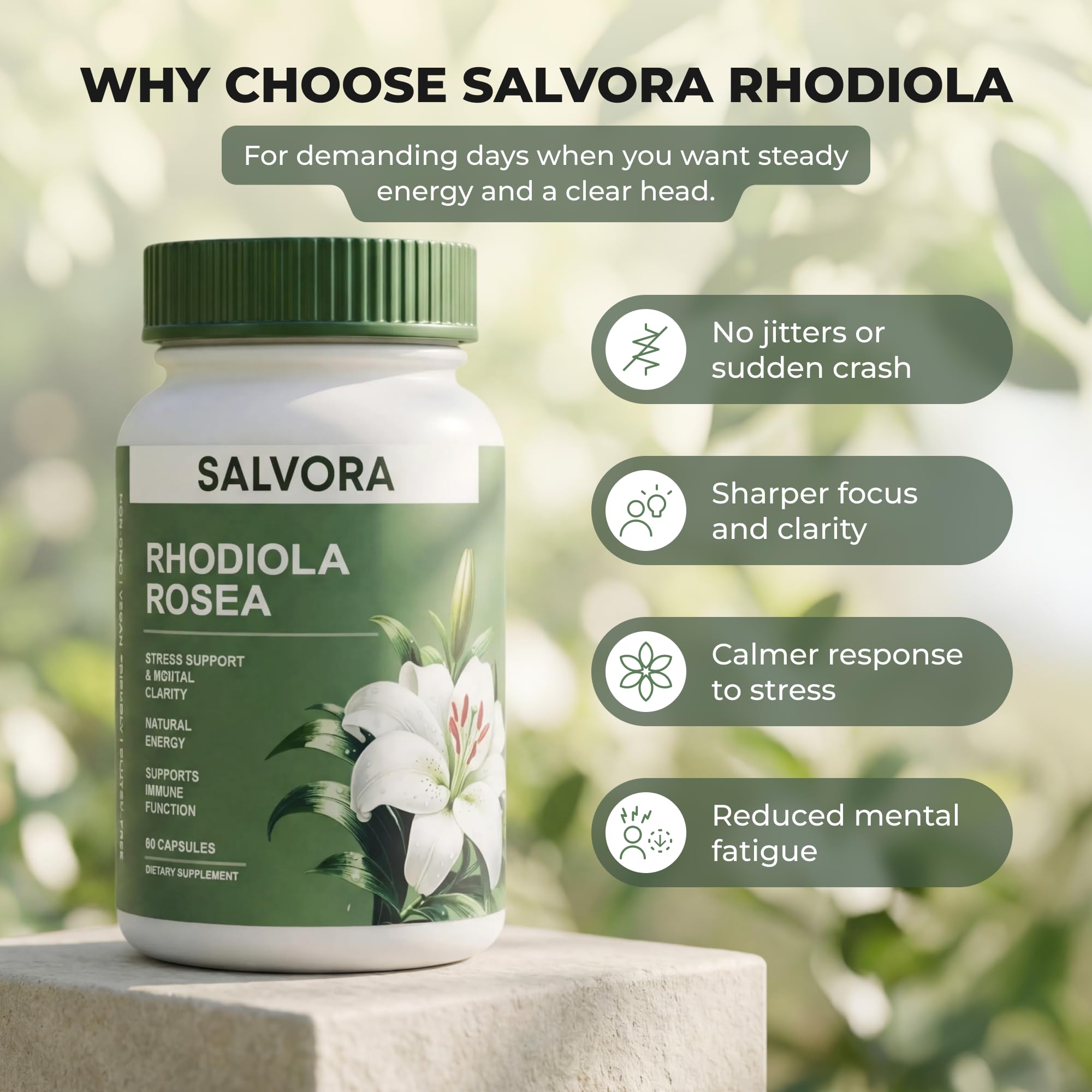 Salvora Rhodiola Rosea Herbal Supplement bottle with label