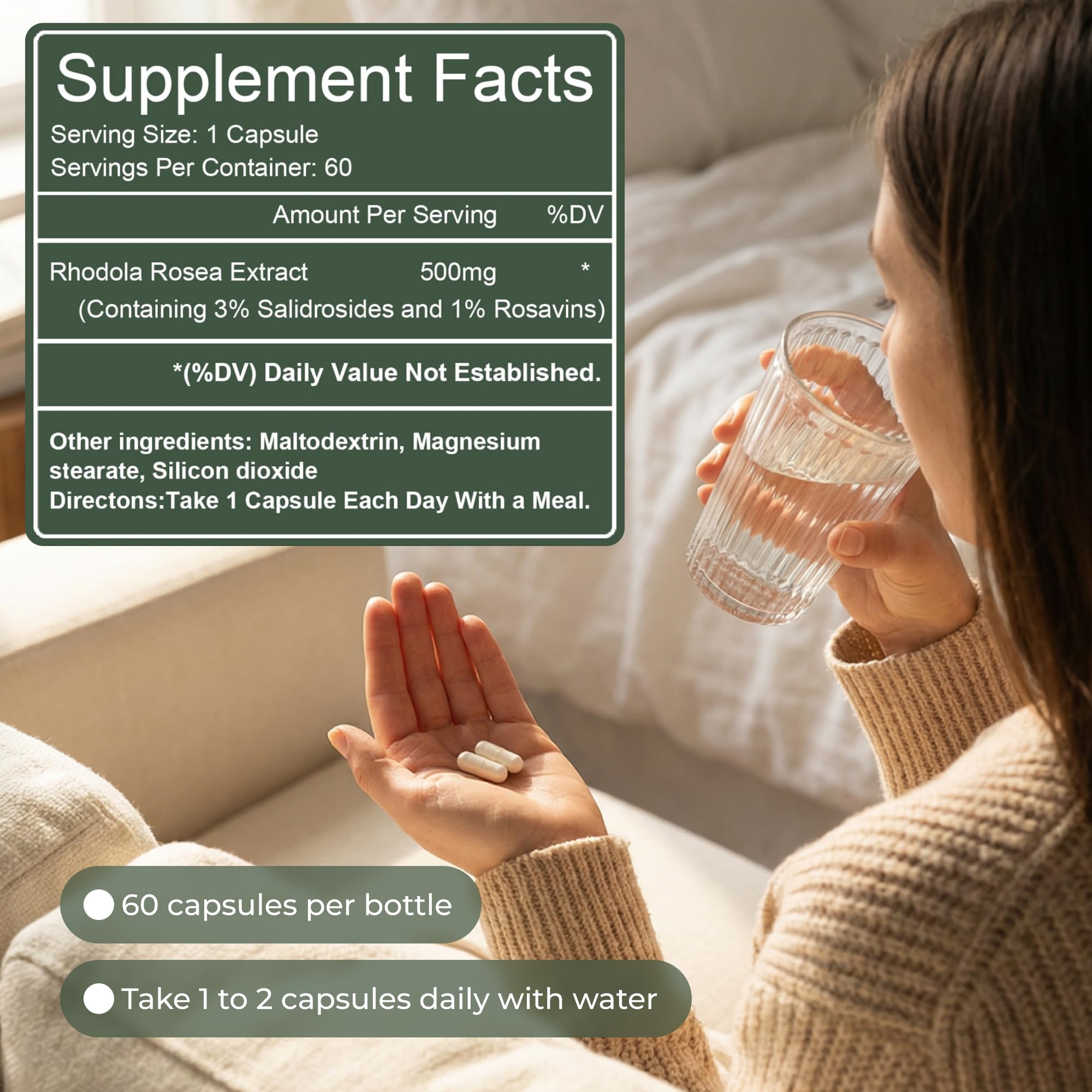 Salvora Rhodiola Rosea Herbal Supplement packaging side view