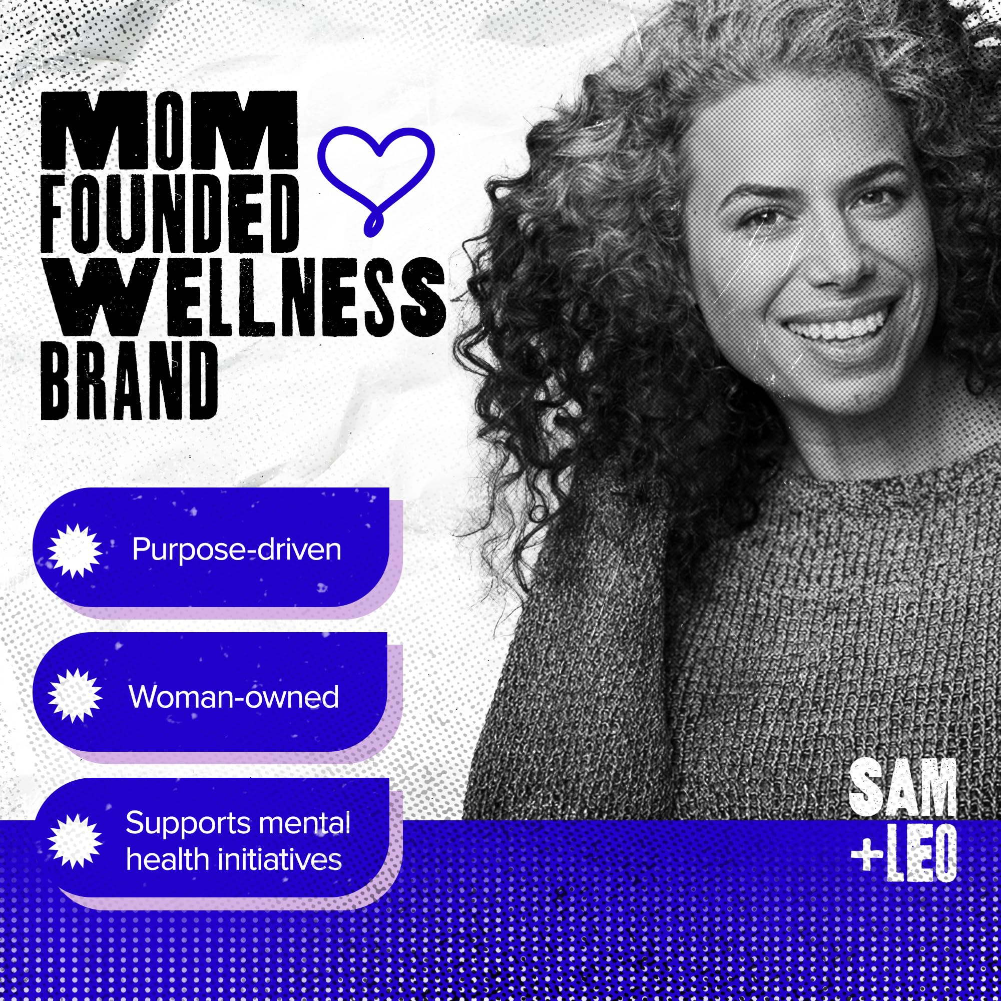 SAM+LEO daily wellness Gummies on a table with a glass of water