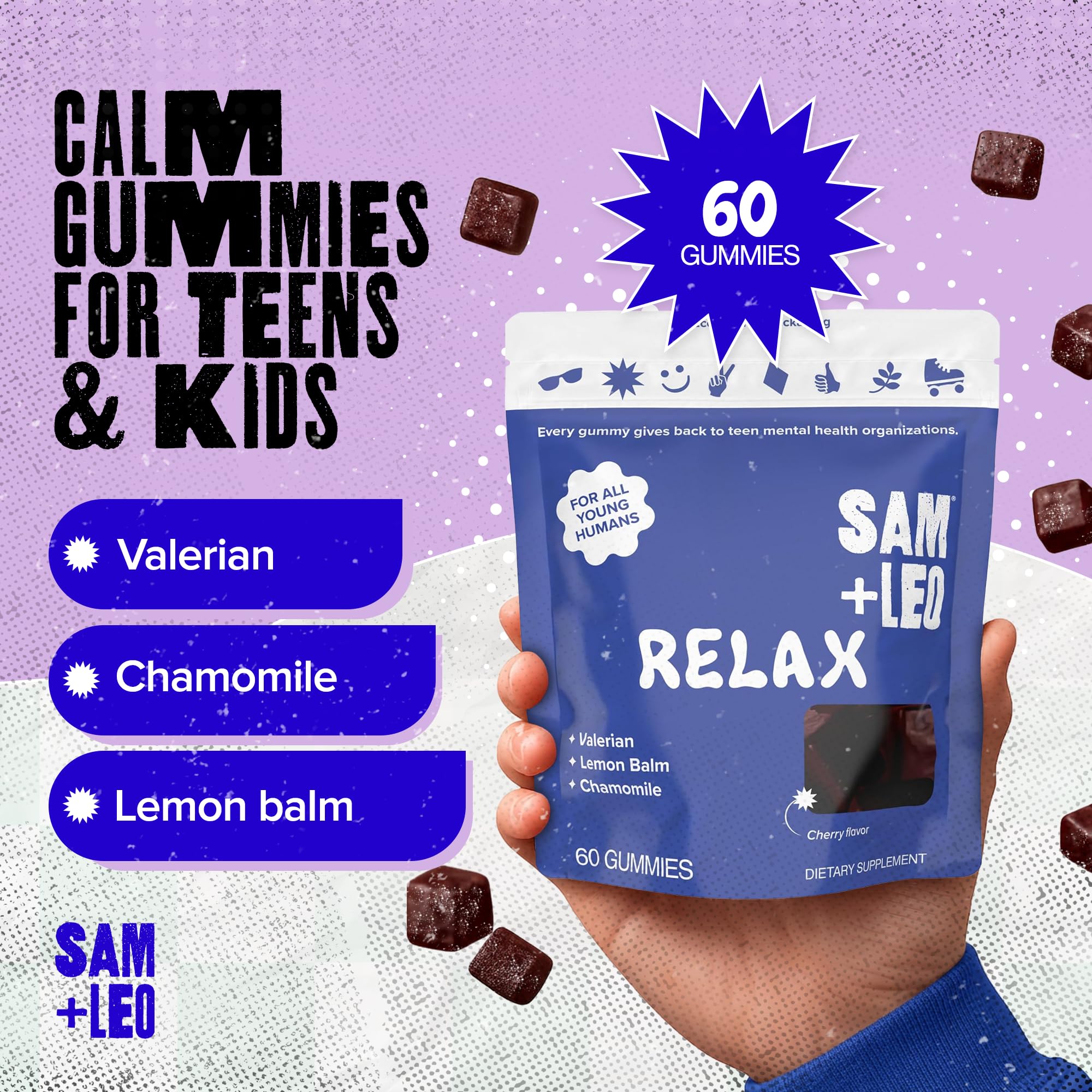 SAM+LEO daily wellness Gummies packaging with cherry flavour