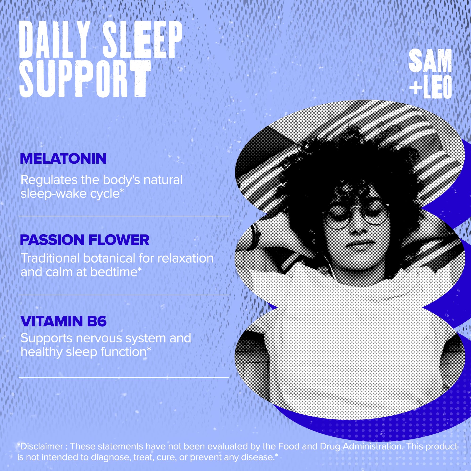 SAM+LEO Sleep Gummies displayed with ingredients list