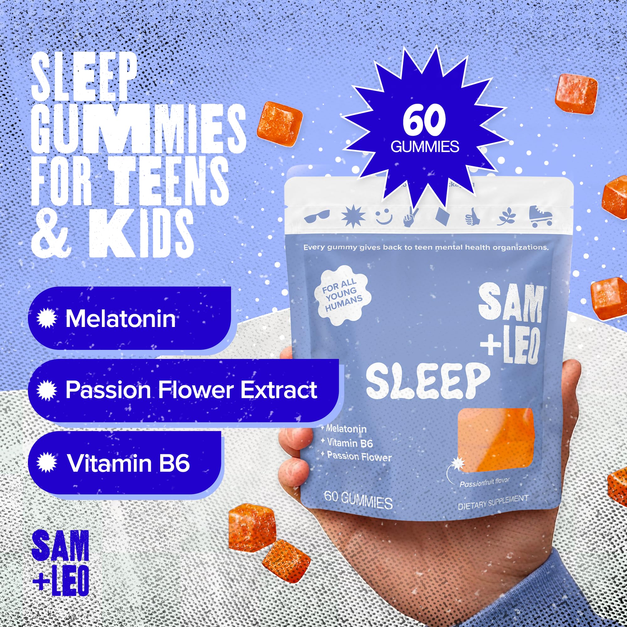 SAM+LEO Sleep Gummies packaging with 60 gummies