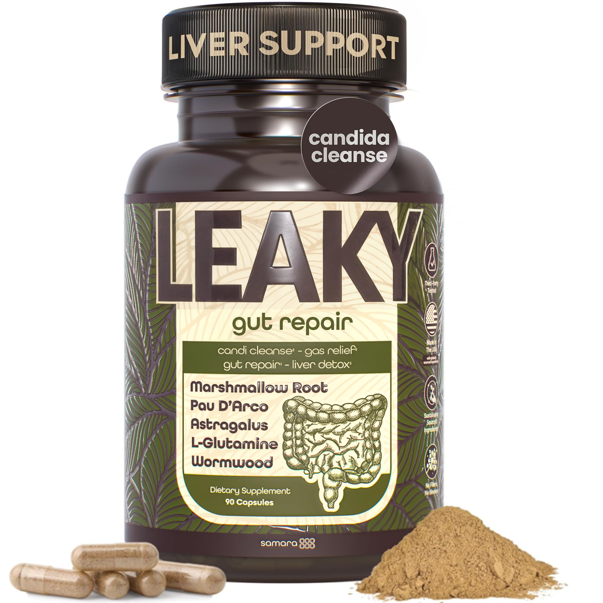 Samara 888 L-Glutamine Supplement front view with herbs