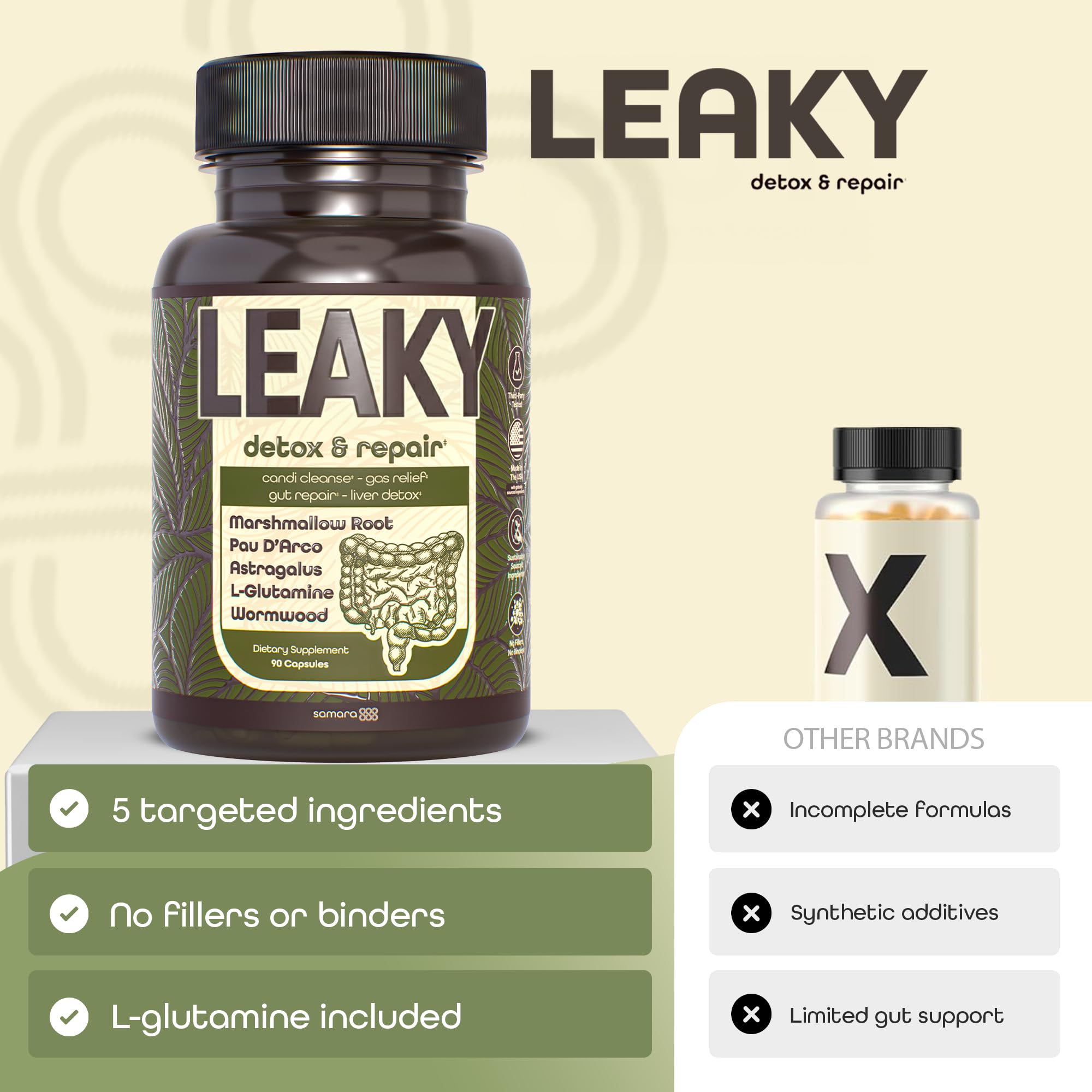 Samara 888 L-Glutamine Supplement with herbs on a table
