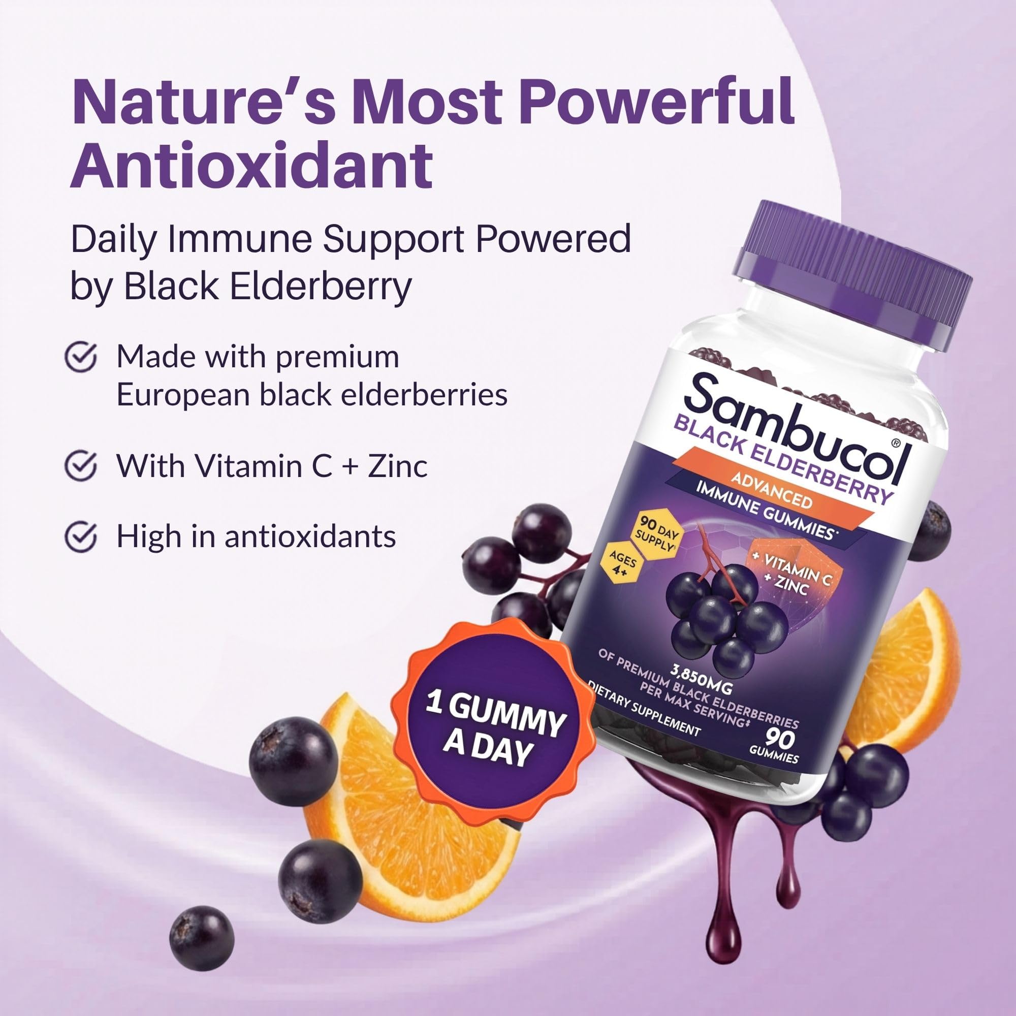 Sambucol Black Elderberry Gummies side view showing dosage