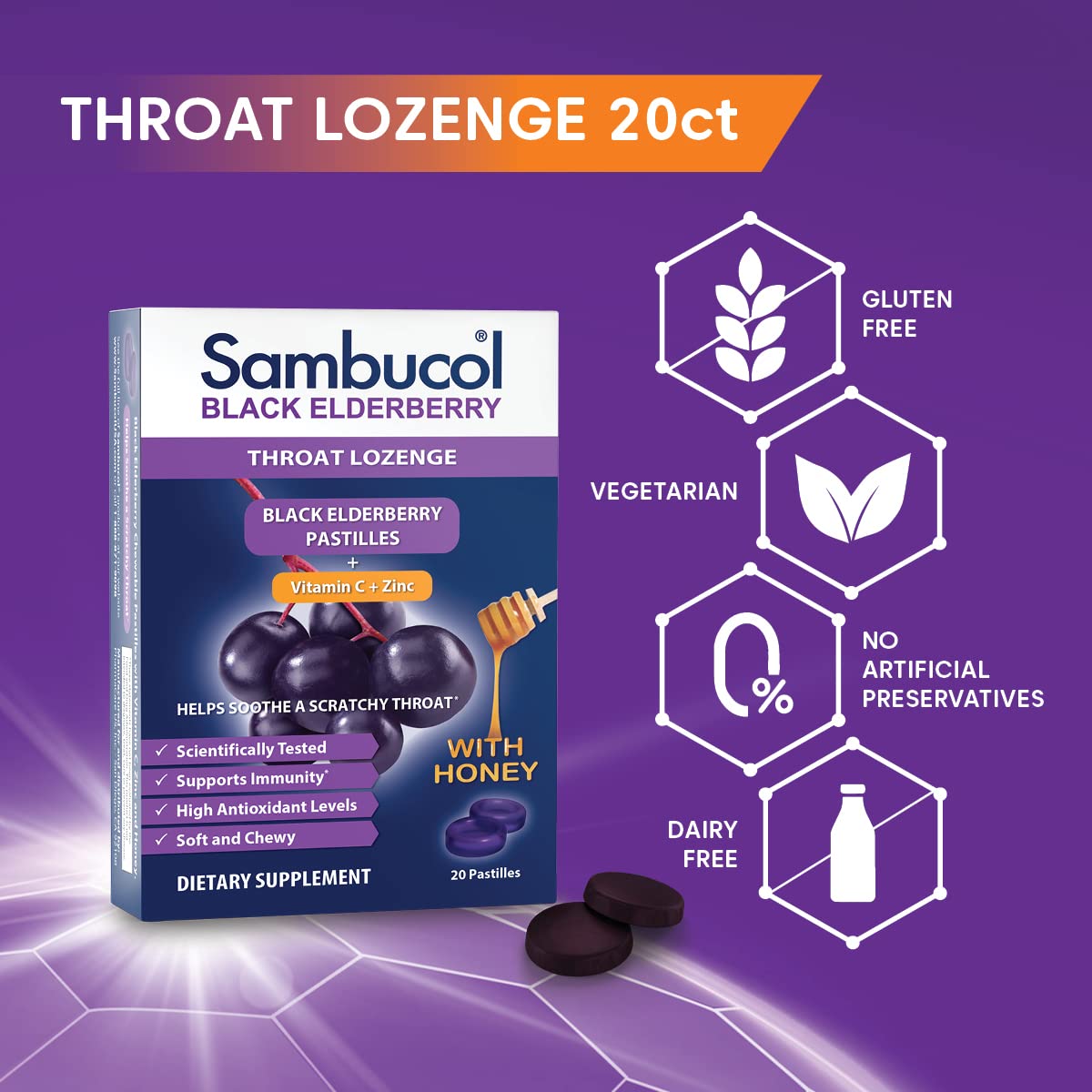 Sambucol Black Elderberry Pastilles side view showing lozenge texture
