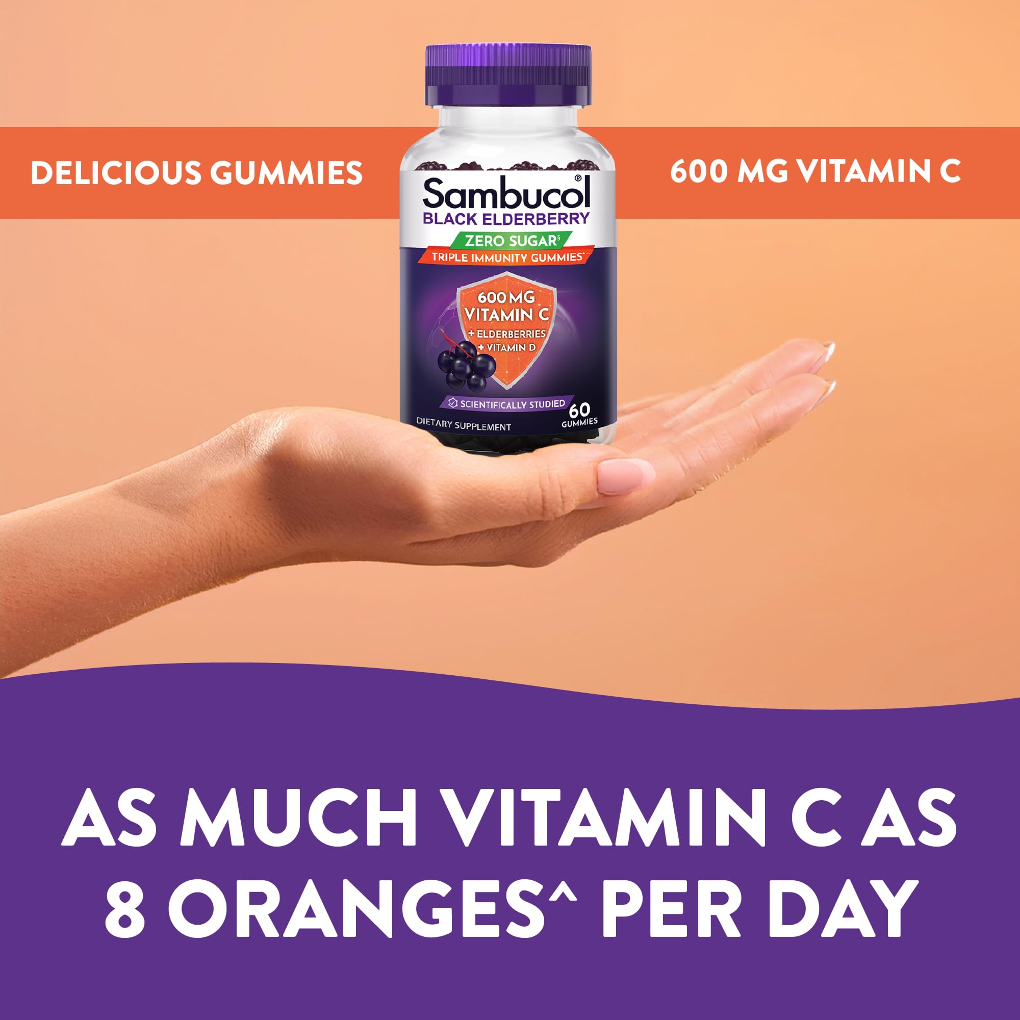 Sambucol Elderberry Gummies lifestyle scene with a person holding the gummies